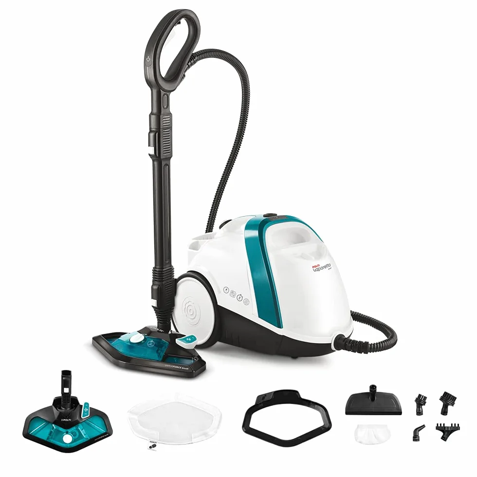 Polti Vaporetto Smart 100 T, Pulitore a Vapore con Caldaia ad Alta Pressione 4 Bar, Potenza Max 1500 W, 8 Accessori Inclusi, Bianco e Turchese