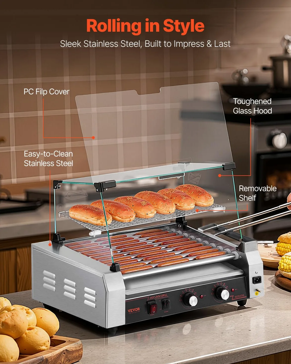 VEVOR Rullo per Hot Dog, 30 Hot Dog 11 Rulli, Cuocitore per Salsicce in Acciaio Inox 2200 W con Doppio Controllo della Temperatura, Contenitore Laterale, Ripiano Rimovibile e Vassoio Raccogli-Olio