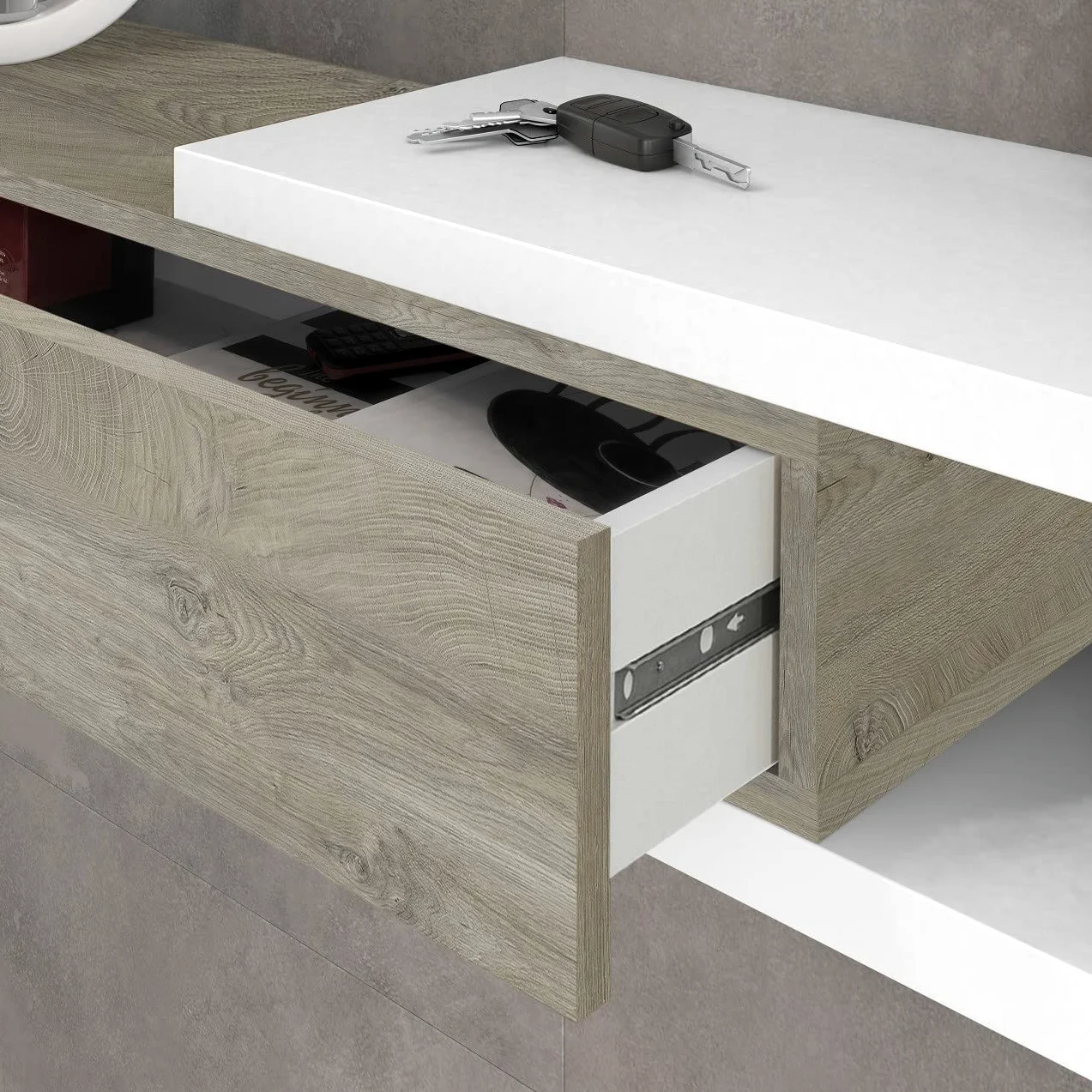 Mobile da Ingresso sospeso Bianco Opaco e Rovere con cassetto e Specchio - Rovere e Bianco