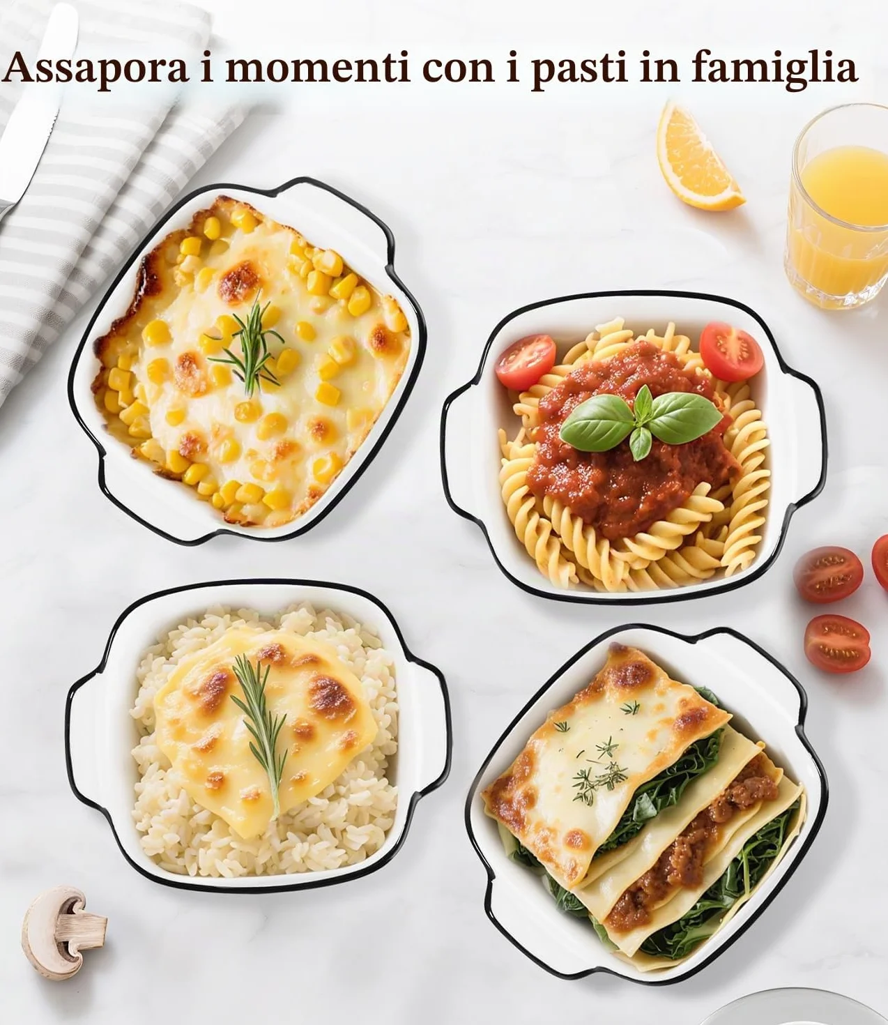 4 Pezzi Kit Piccole Pirofila da Forno, 400ML Set Teglie da Forno in Ceramica, 14.5 x 11.5 x 5.5 cm Piatti da Forno Quadrati, Pirofile da Forno in Ceramica con Manici, per Airfryer, Forno e Microonde