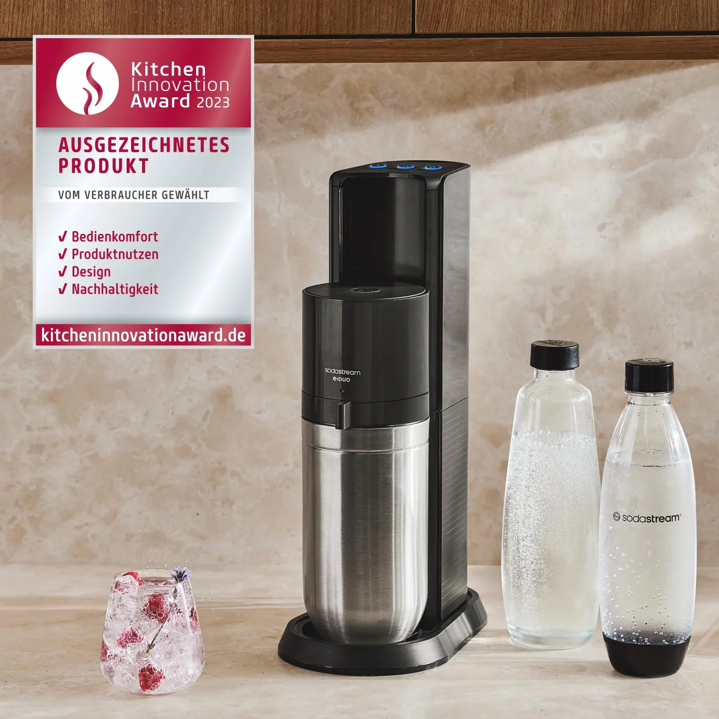 SodaStream E-Duo, spruzzatore elettrico con cilindro CO2, bottiglia di vetro e 2 bottiglie di plastica lavabili in lavastoviglie, altezza: 44 cm, colore: titanio