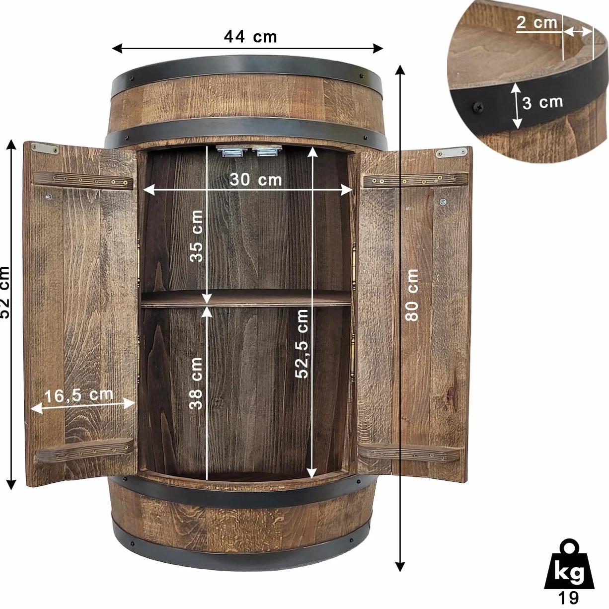 WEECO Barile con due ante, armadio per bevande, Whisky bar, Barile di vino, Cantinetta Portabottiglie in Legno, Mini Bar scaffale rotondo, Scaffale vino Botte vini, Barile Grappa, Barile da whisky
