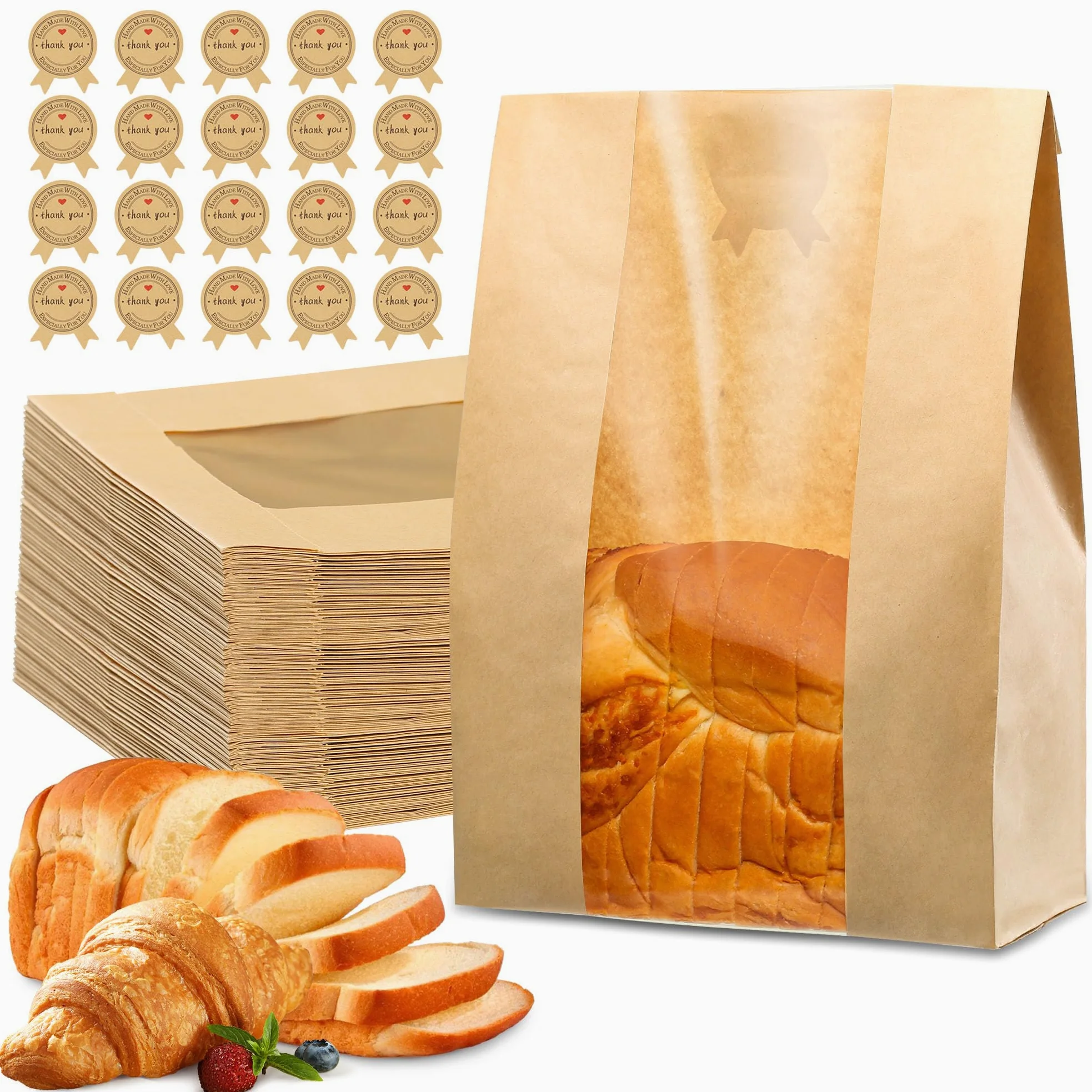 25 sacchetti per pane fatto in casa, sacchetti di carta per pane con finestra, 50% più spessi, 34,8 x 20,8 x 9,4 cm, grandi sacchetti da forno utilizzati per conservare pane, biscotti e snack, 30