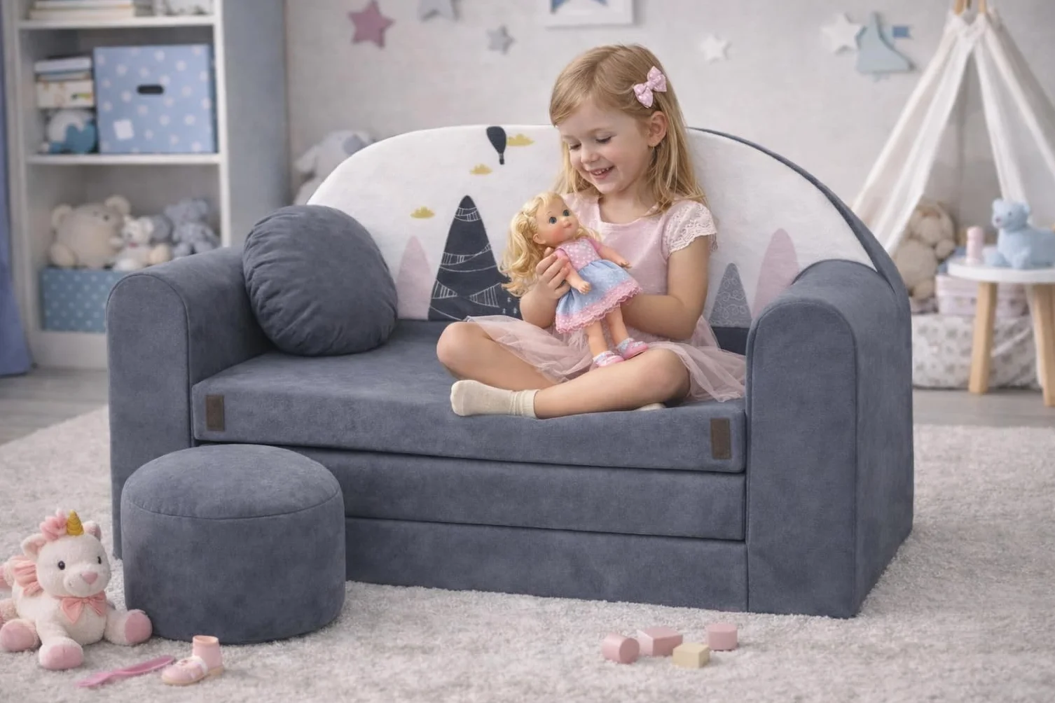 Divano letto pieghevole per bambini con funzione letto Perfetto per giocare e dormire - Con materasso, cuscino e pouf sfoderabili - 98x168x59 cm AX2 Grigio - Cime delle montagne