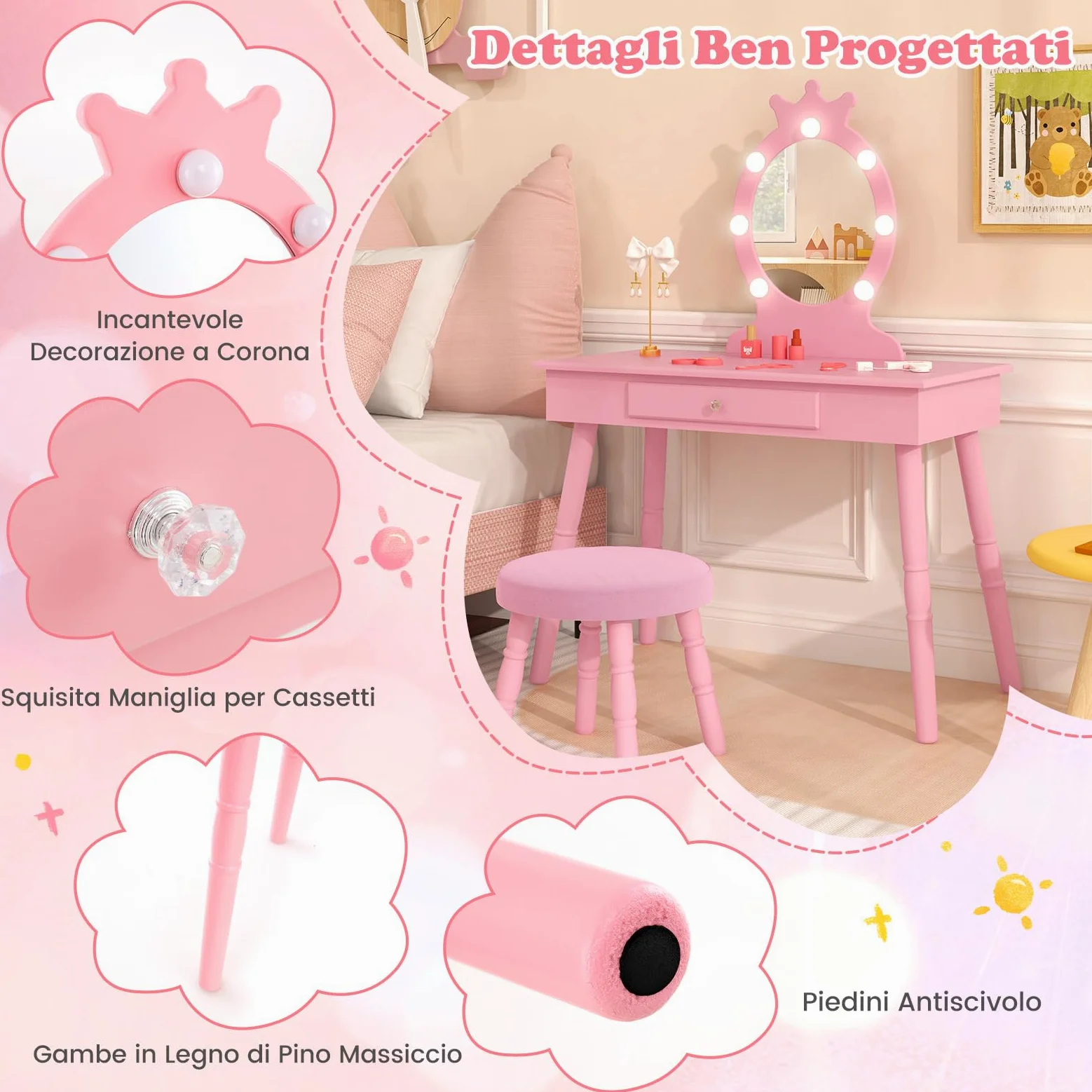 RELAX4LIFE Toeletta Trucco per Bambina con 7 Lampadine LED, 3 Colori di Luci, Specchiera Trucco con Sgabello, Toeletta in Legno, Specchio Rimovibile, per Bambini 3-7 Anni (Rosa)
