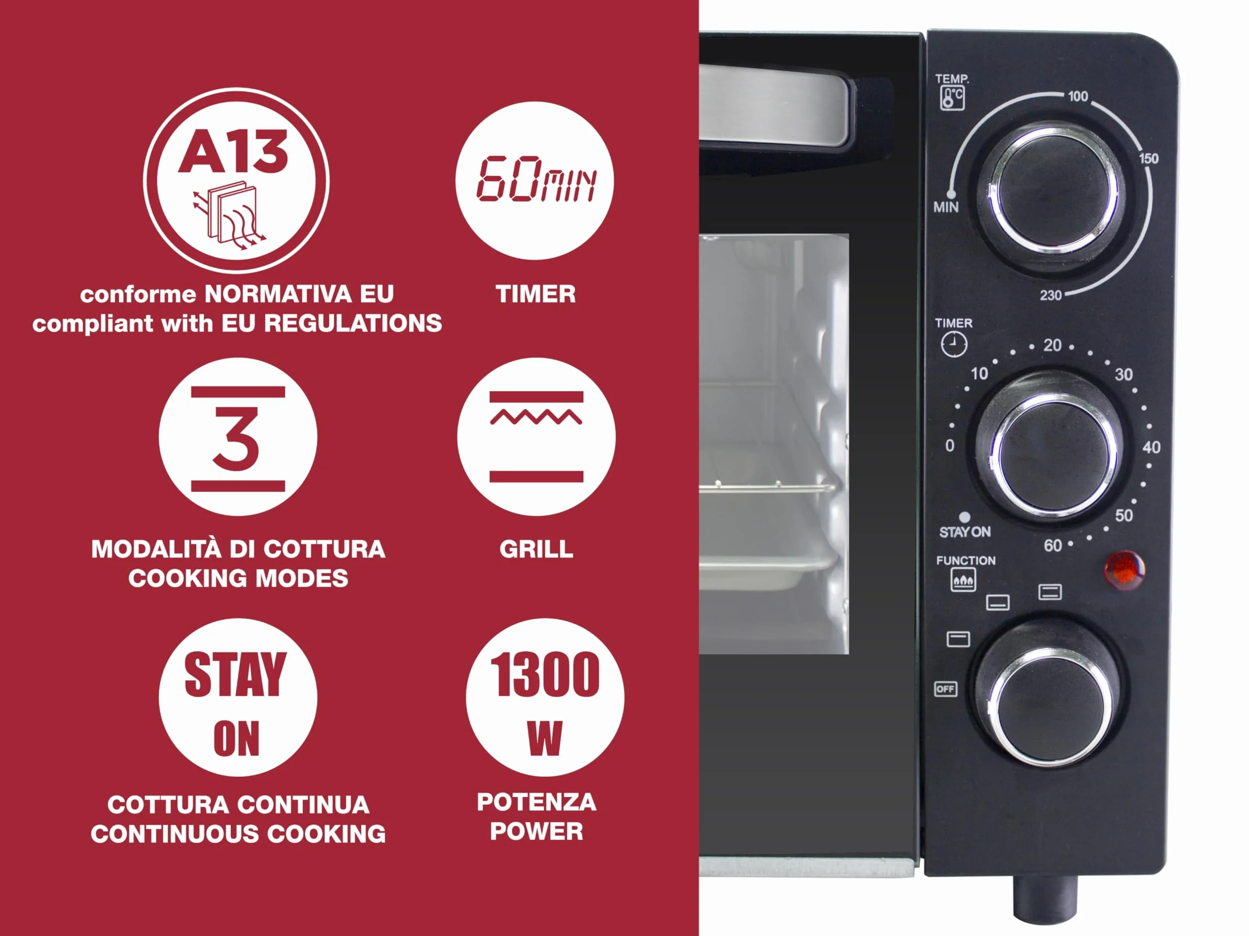 BEPER P101FOR020 Forno Elettrico Compatto 1300W Timer 60 Minuti 3 Modalità Cottura Nero