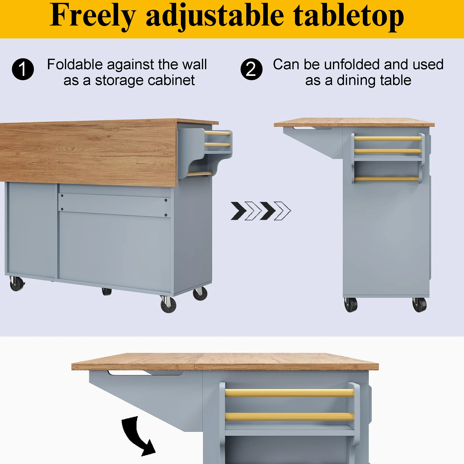 TIZZ Isola da cucina, 110 x 45 x 75 x 92 cm, moderna credenza da cucina, carrello da portata rimovibile, stile vintage, tavolo da pranzo multifunzione con spazio di archiviazione, blu