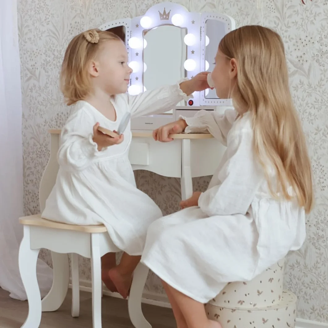 mamabrum Tavolo da Toeletta per Bambini XXL in Legno con Sgabello & Specchio LED – Coiffeuse con Cassetto e Accessori – Scrivania 2-in-1 per Bambine dai 3 Anni