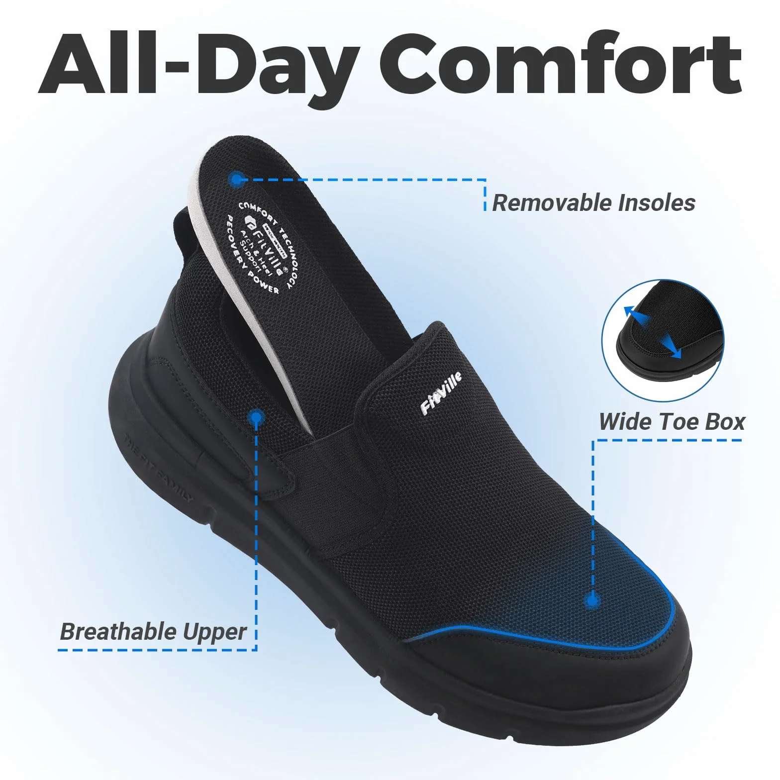FitVille Scarpe Uomo per Camminata Antiscivolo Slip-on Casual Sneaker Senza Lacci Scarpe da Esterno Comode Leggere e Traspiranti a Pianta Larga