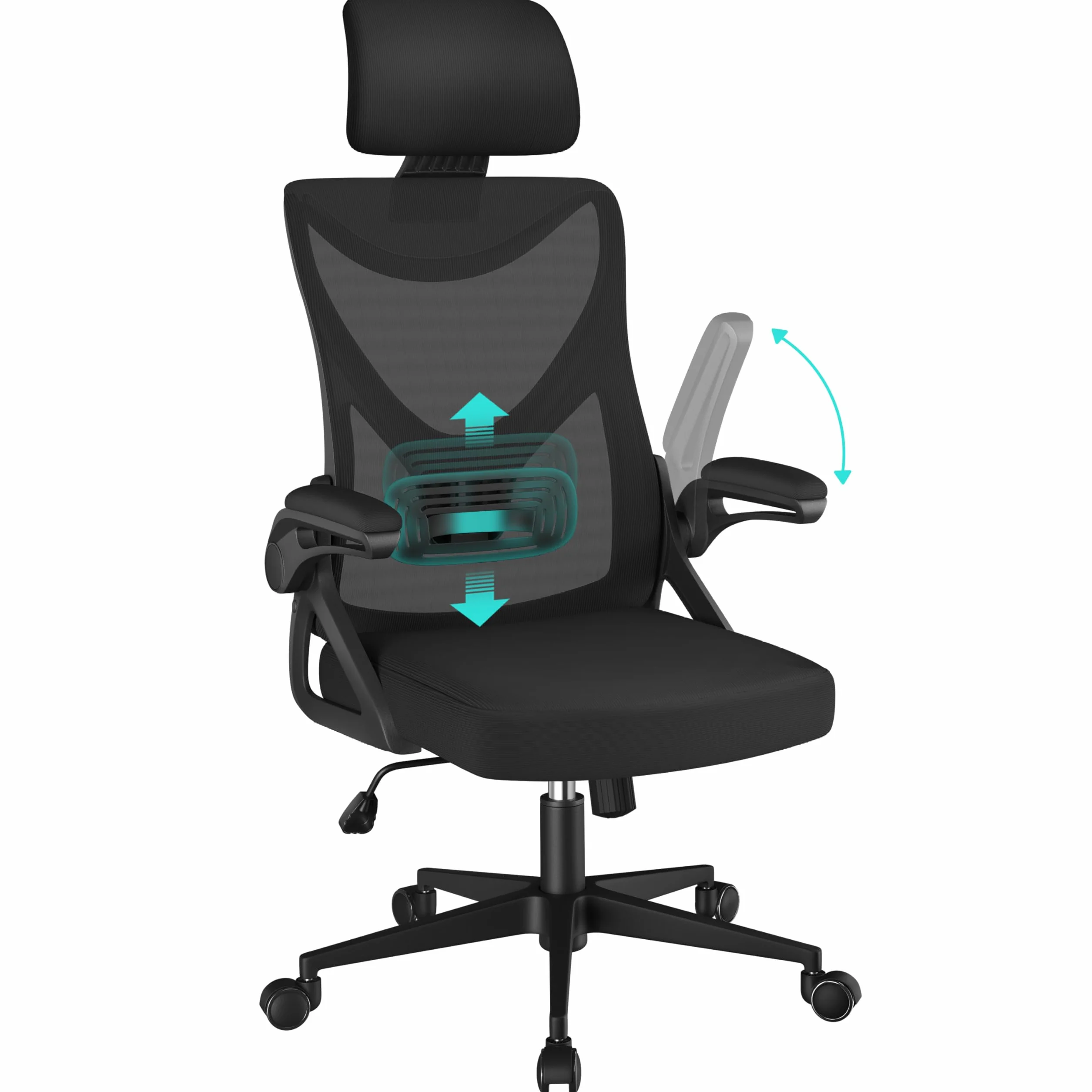 Yaheetech Sedia Ufficio Ergonomica con Braccioli Poggiatesta Regolabile Schienale Alto Funzione Dondolo Poltrona Scrivania Girevole in Rete Traspirante con Supporto Lombare Nera