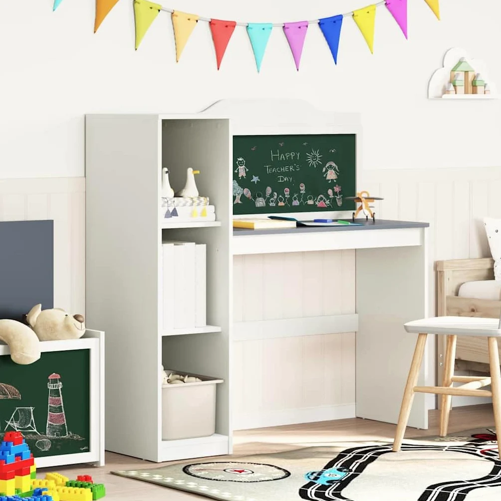 Scrivania moderna con lavagnetta e ripiano aperto, scrivania con lavagna da 120 cm e gambe quadrate, bianco con e ripiano