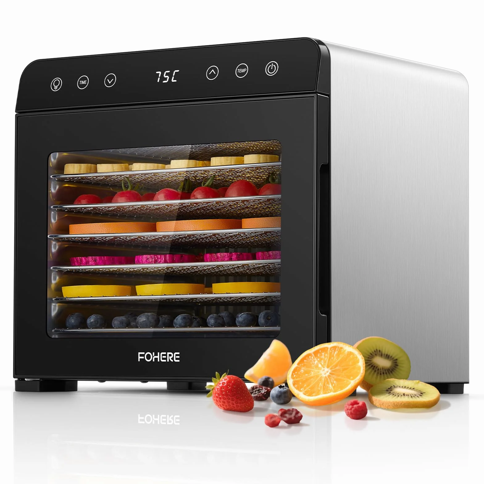 FOHERE Essiccatore Alimentare 8 Vassoi in Acciaio Inox, Silenzioso <40dB per Uso Notturno, Termostato 35-75℃ Timer 48h, per Frutta, Verdura, Carne, Funghi, Erbe, Snack per Bebè