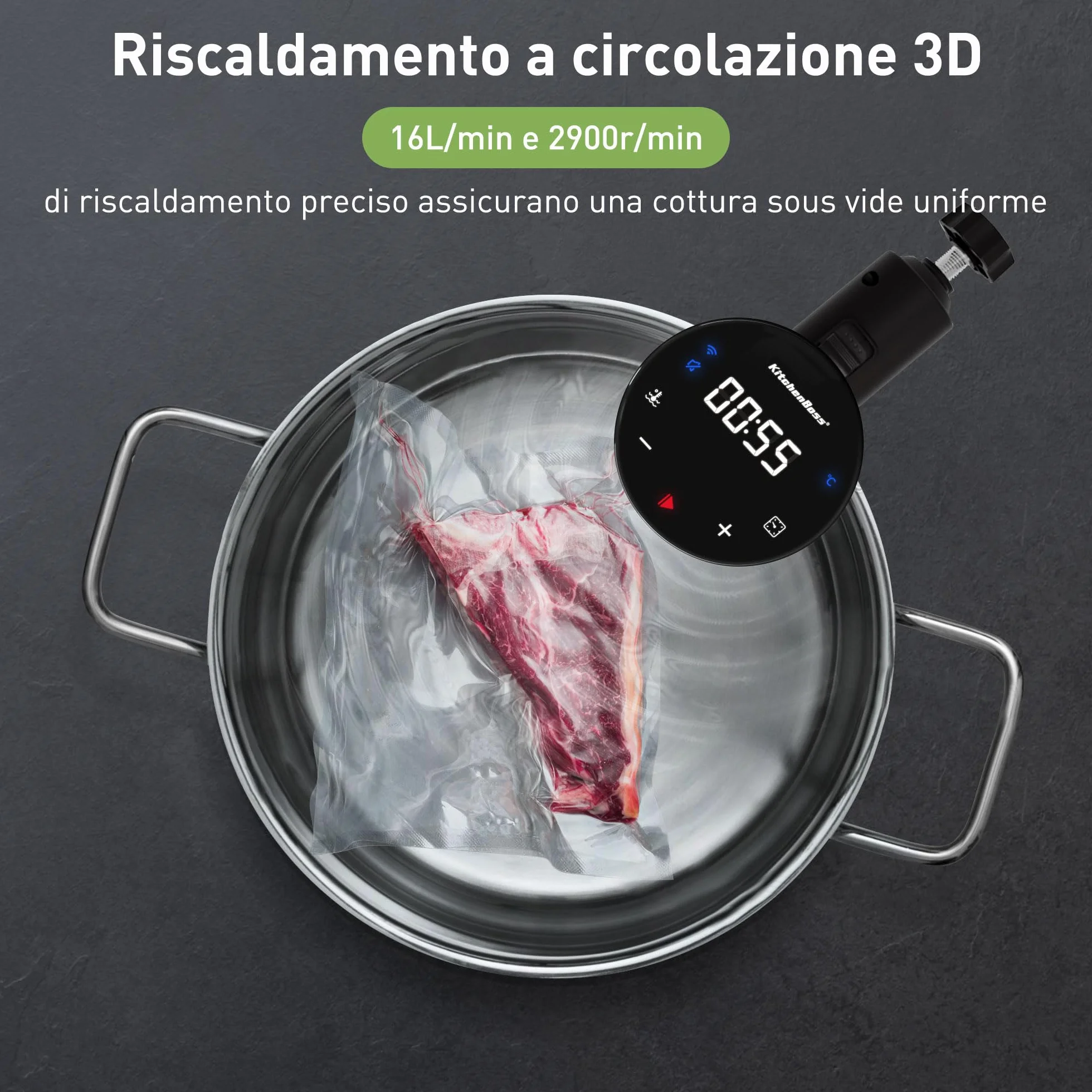 KitchenBoss Roner Sous Vide 1100W Wi-Fi LED Circolatore di Immersione Temperatura Controllo Remoto
