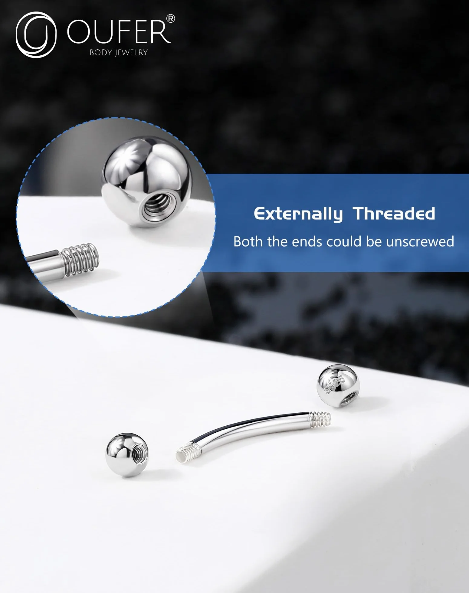 OUFER 16G 8 mm Argento 925 Curved Barbell Helix Rook Piercing Donna Uomo Cartilage Earring