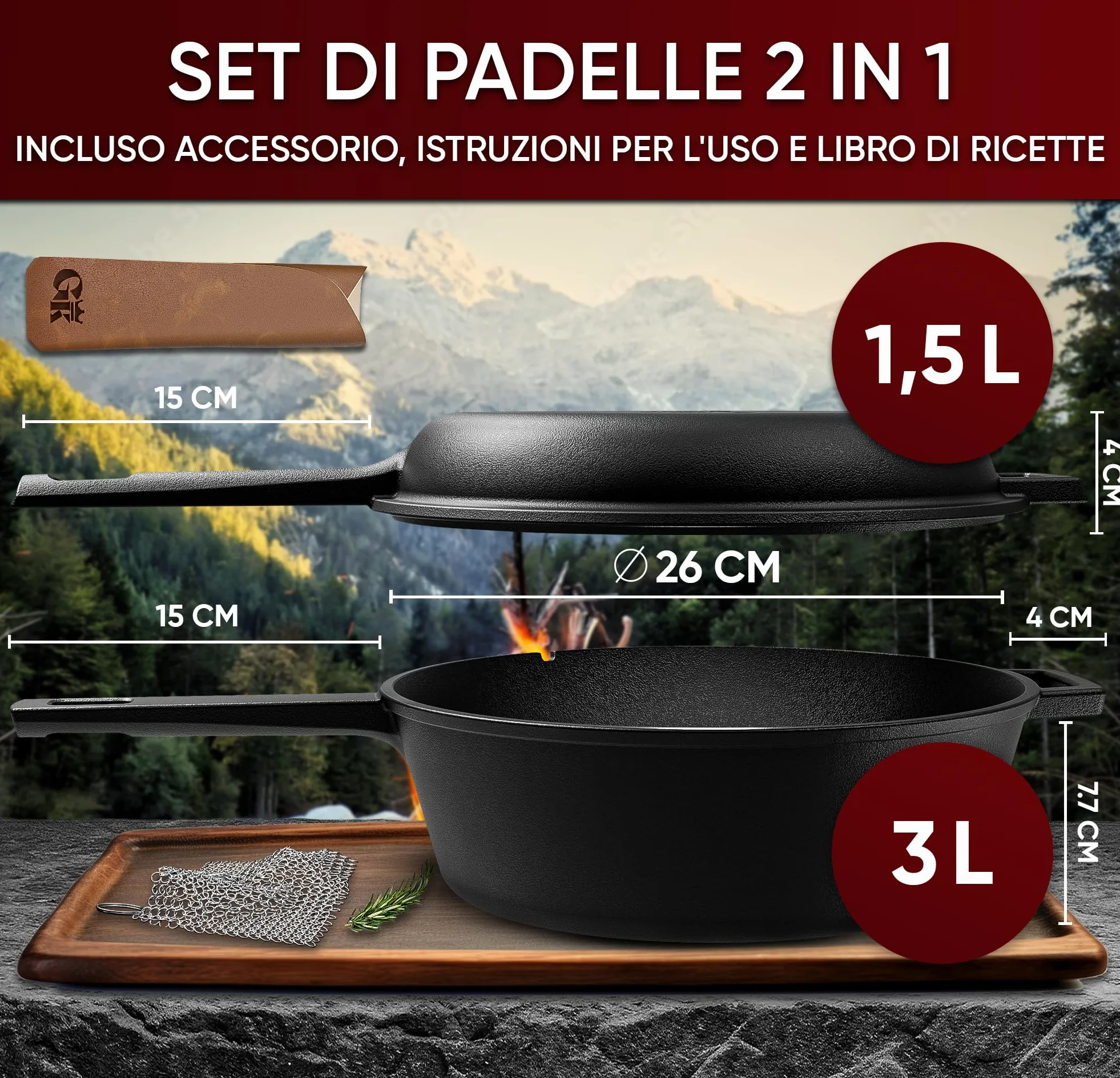 GUSSKÖNIG Dutch Oven - 2 in 1 Pentola in ghisa pre-stagionata 3L & Padella in ghisa 1,5L - Set Dutch Oven con funzione doppia Casseruola in Ghisa - Inclusi libro di ricette e accessori per BBQ