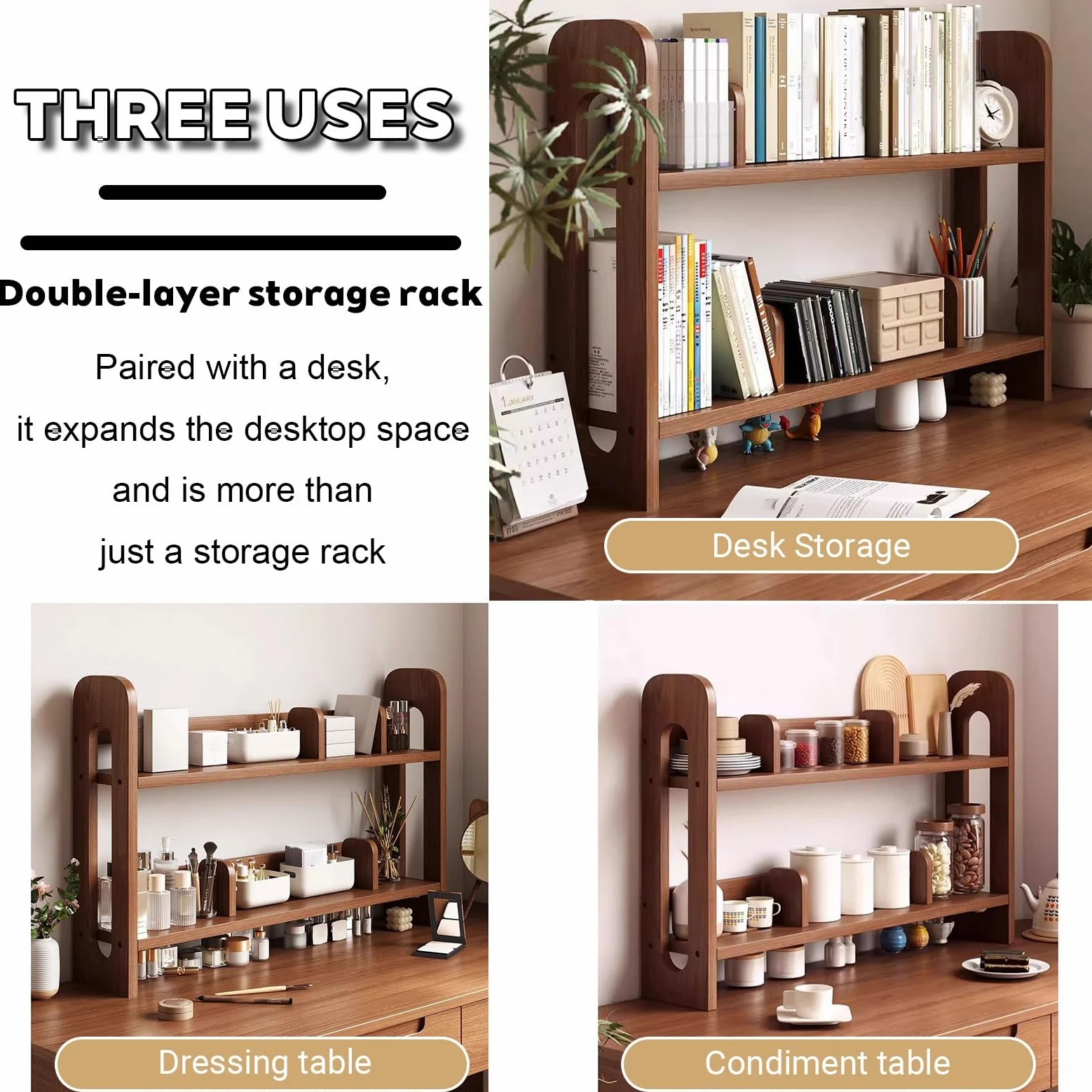 Scaffale Libreria Legno Regolabile,Dormitorio organizer per riporre oggetti Multistrato, Organizzatore Monitor,3 strati Scaffale Espositivo da Scrivania,Per Casa, Ufficio, Scuola, Studio
