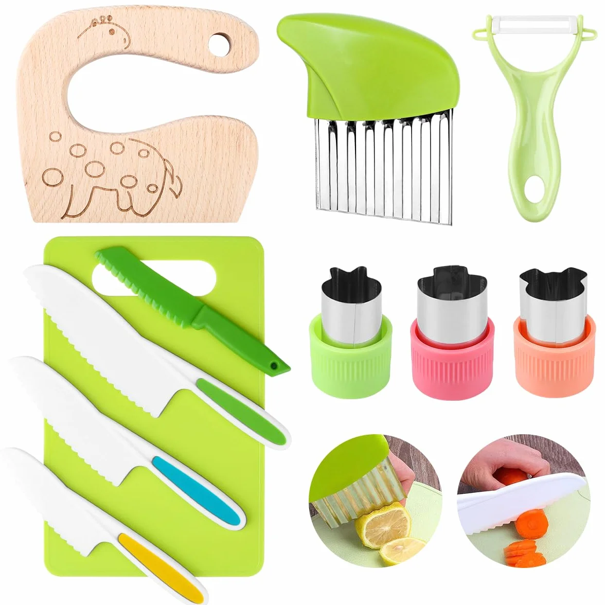 Set di 11 coltelli per bambini, coltello da cucina di sicurezza per bambini, set con formine per biscotti per verdure, coltello in legno, tagliere per bambini a partire dai 3 anni, set da cucina