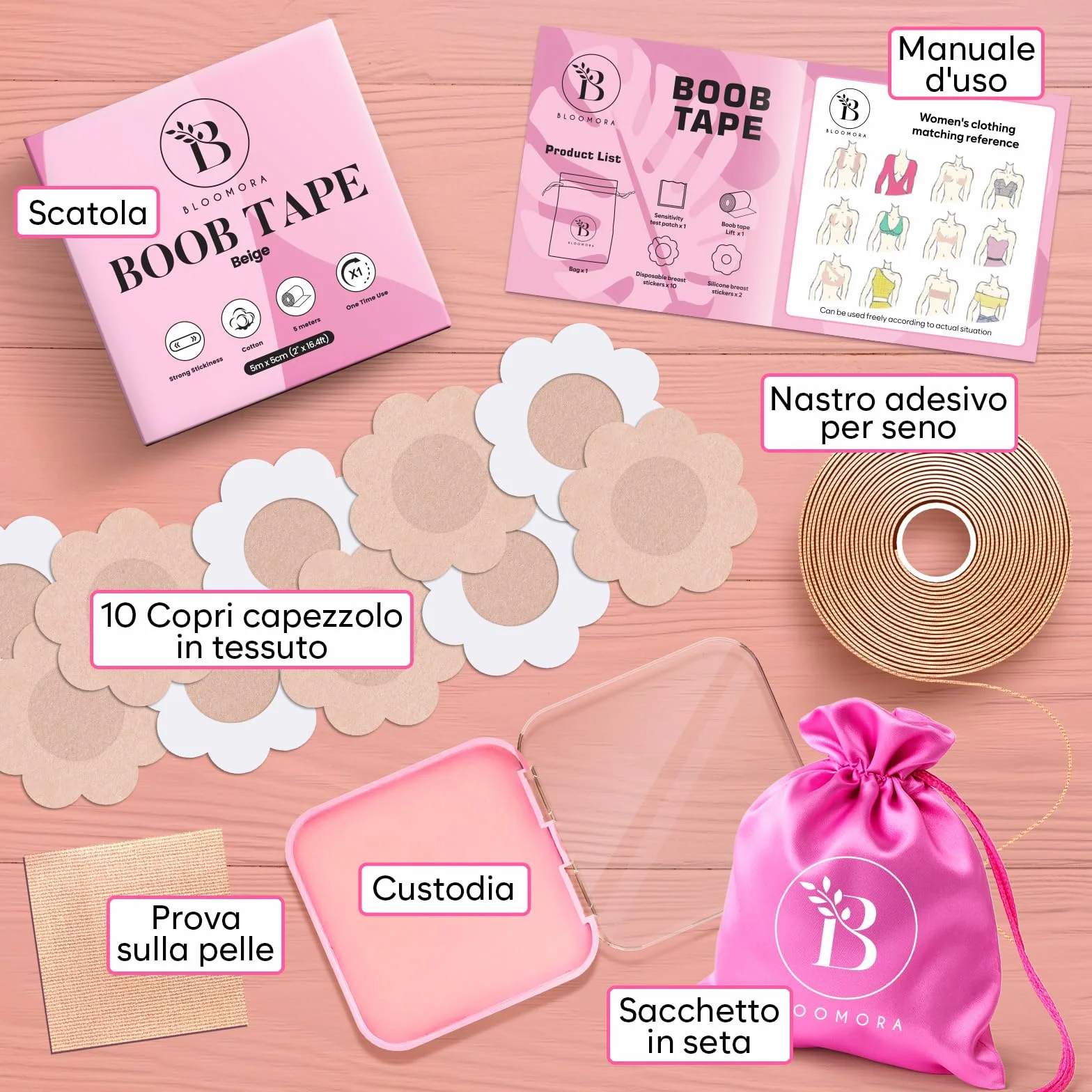 BLOOMORA Boob Tape – Scotch Seno Push Up - Nastro Adesivo Seno con Copricapezzoli Adesivi Silicone - Nastro Seno Adesivo Invisibile - Body Tape per Abiti Senza Spalline - Accessori Inclusi - Beige