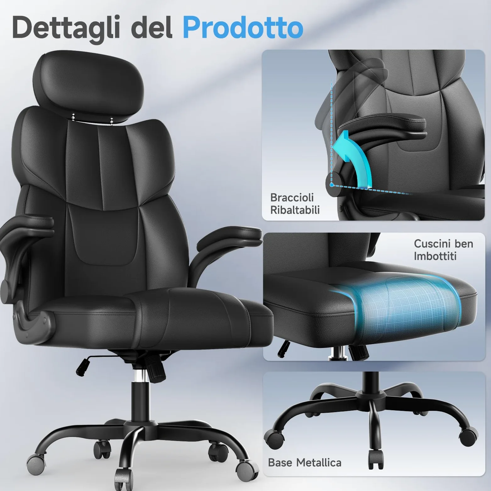 naspaluro Sedia Ufficio Ergonomica con Braccioli Regolabili, Sedia Scrivania con Rotelle, Poltrona Direzionale PU, Supporto Lombare, Schienale Alto 83 cm, Altezza Regolabile e Girevole 360°, Nero