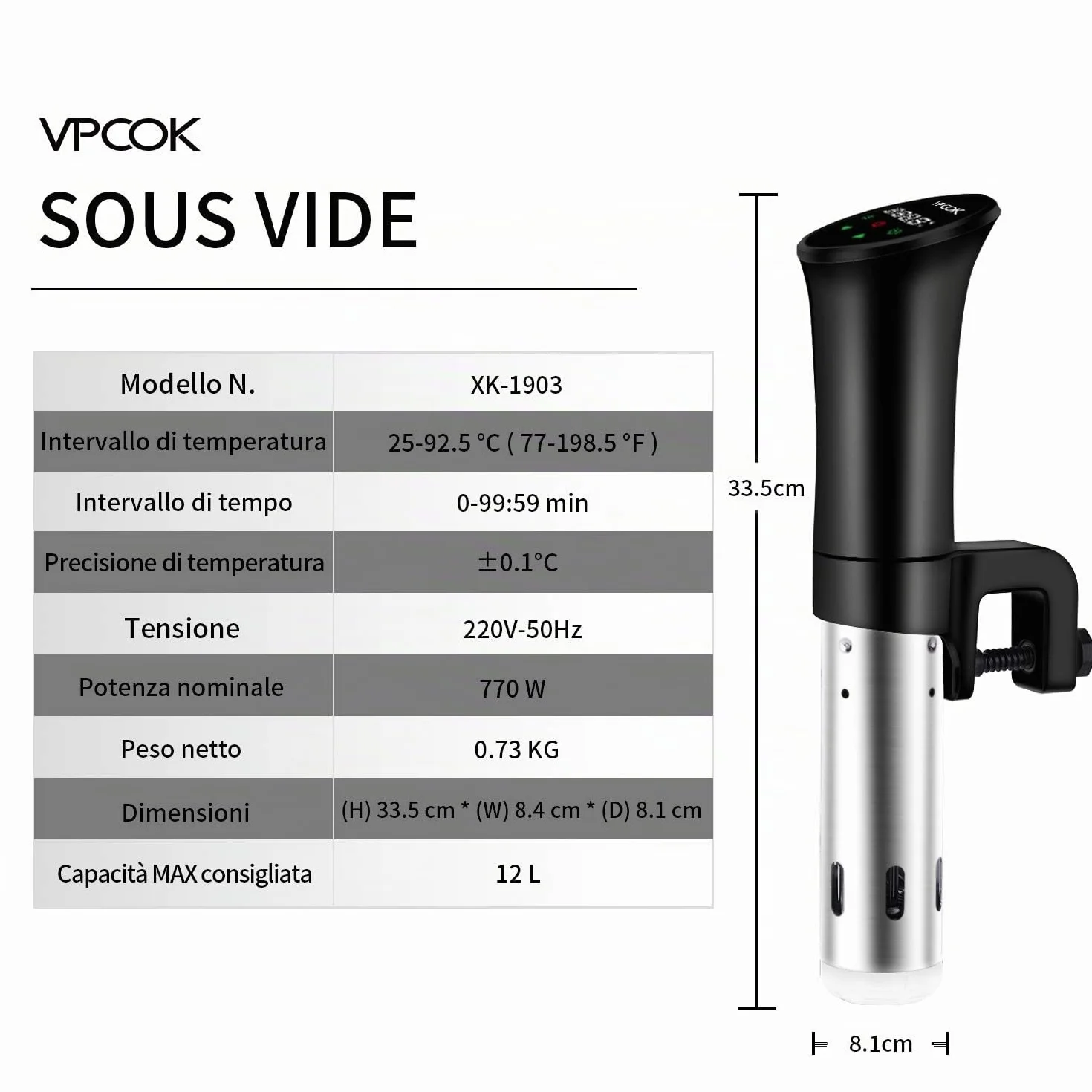 Sous Vide Roner Cucina Professionale Circolatore Termico a Immersione Inox con Ricettario e Custodia