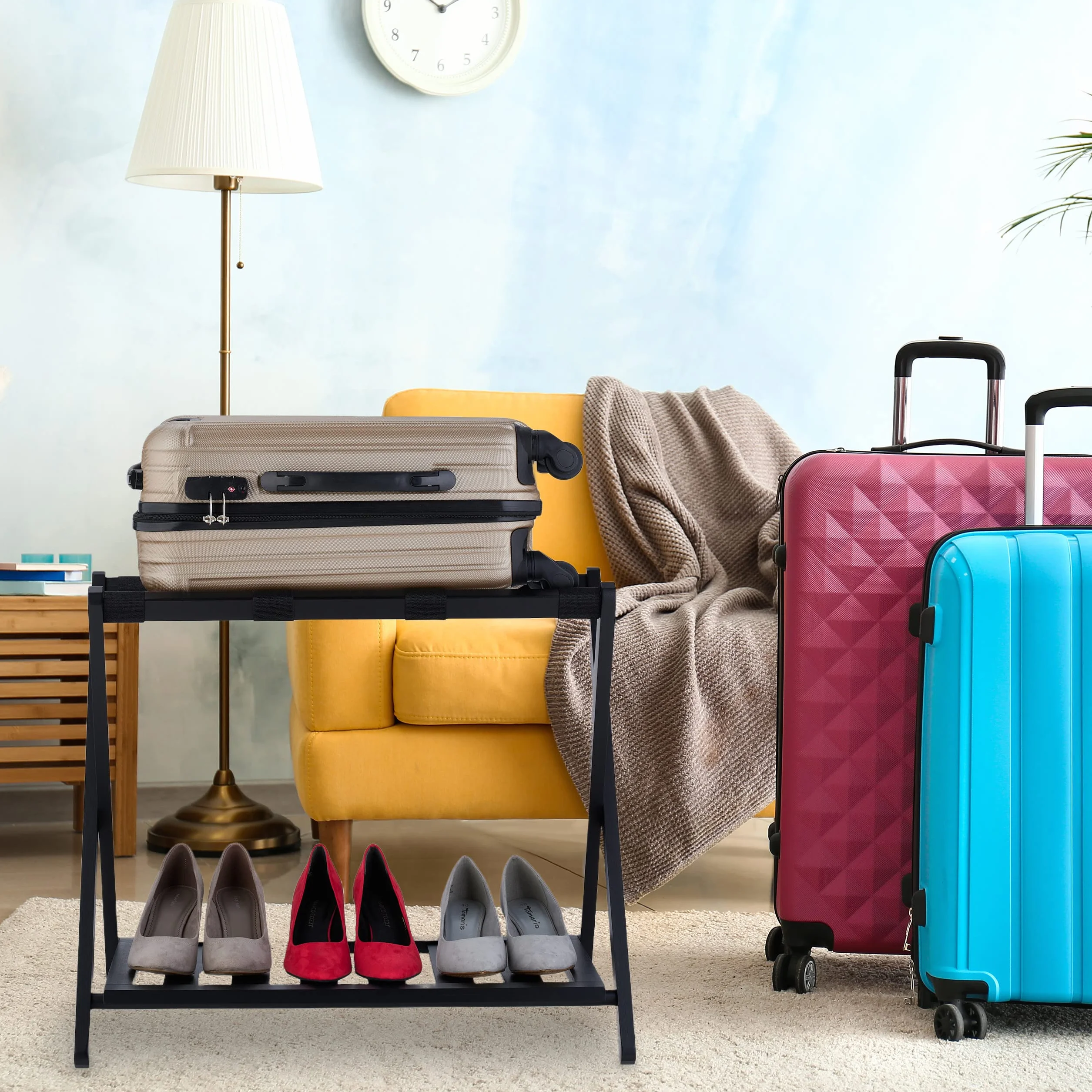 Relaxdays Portavaligie Pieghevole in Bambù e Nylon 59x68x40 cm 2 Ripiani Nero