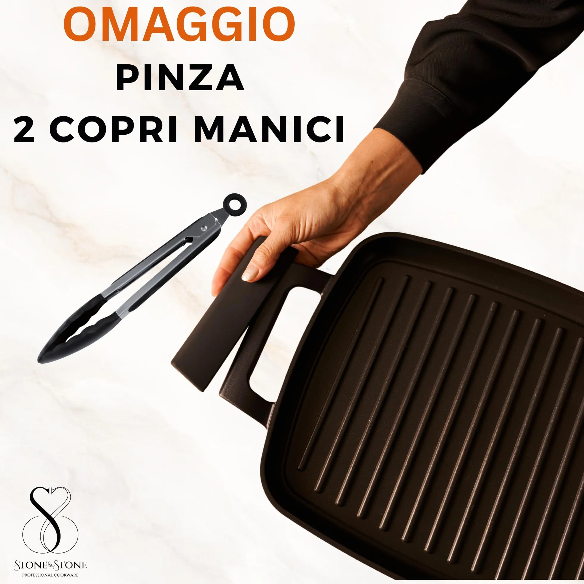 Stone&Stone Bistecchiera Induzione 47 cm Rettangolare, Piastra Grill Antiaderente Ceramico Tedesco, Fondo Acciaio Pieno, Senza PFAS PFOA PTFE