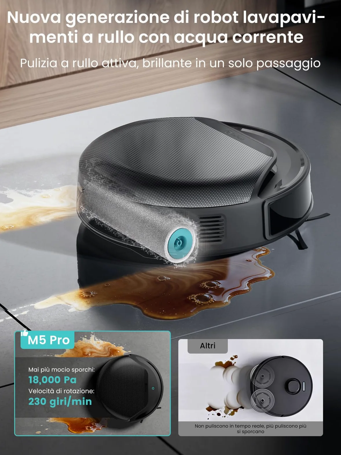 Lefant M5 Pro Robot Aspirapolvere Lavapavimenti con Rullo, Aspirazione 18.000 Pa, Lavaggio Acqua Pulita, Autopulizia 75 ℃, Navigazione Laser dToF, Auto Svuotamento 120 Giorni, Tappeti, App Alexa