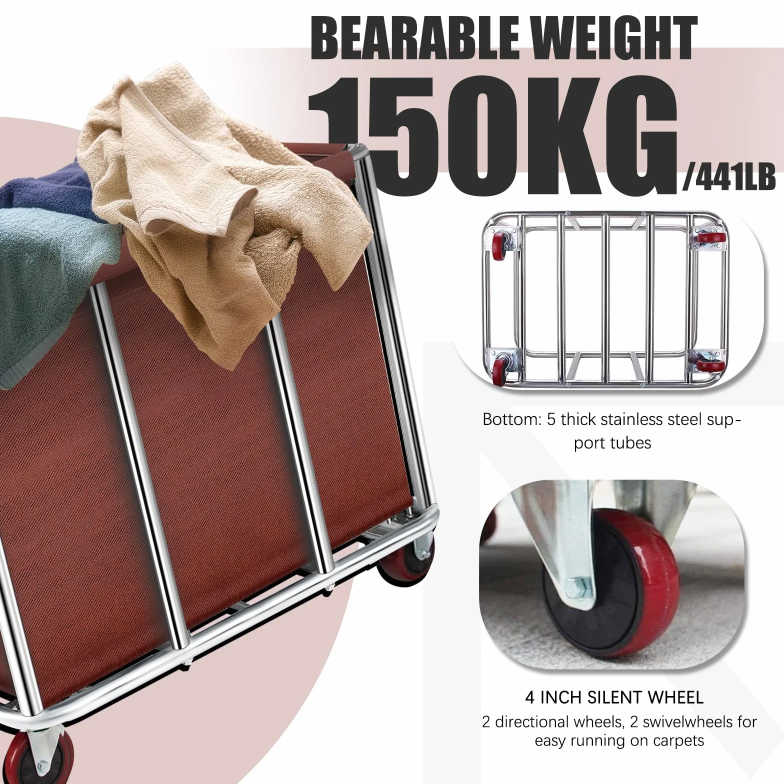 Carrello portabiancheria con ruote, 400 l, per alberghi e ospedali, cestino rimovibile in tela impermeabile, resistente in acciaio inox (marrone)