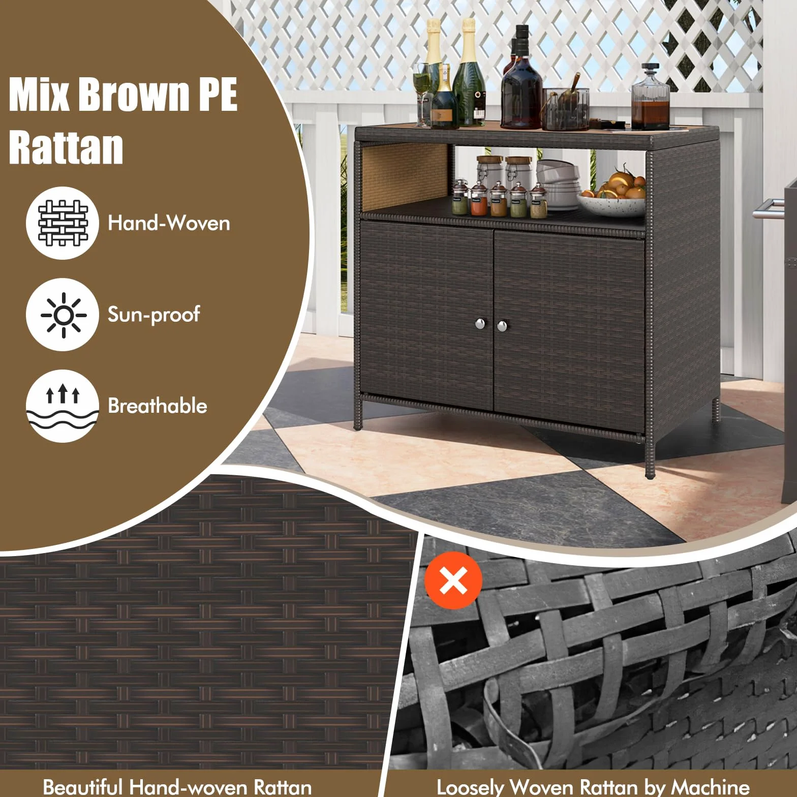 LIFEZEAL Credenza Cucina, in Rattan PE, Mobile Cucina, con Superficie Ampia in Legno di Acacia, Credenza Soggiorno, con Rapiano Aperto e 2 Ante, 90x53x86 cm, per Giardino Terrazza e Patio (marrone)