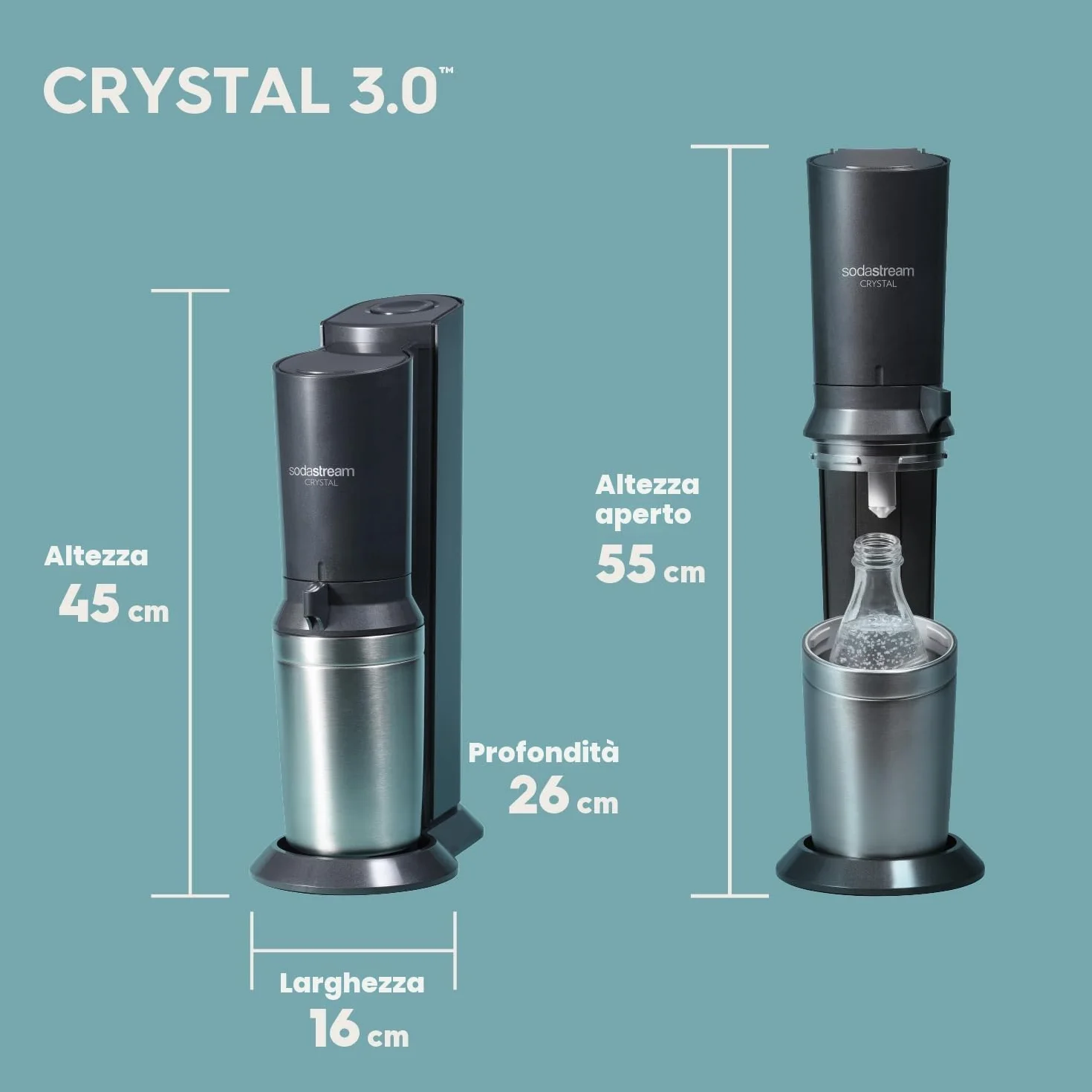 Sodastream Crystal Nero Gasatore acqua frizzante bombola CO2 bottiglia vetro 1L