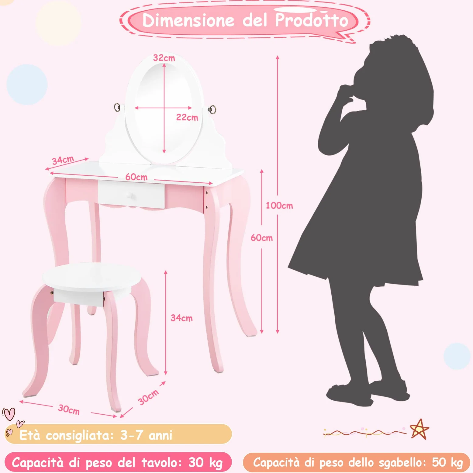 RELAX4LIFE 2 in 1 Toeletta Trucco per Bambini, Set Tavolo da Trucco per bambini, Specchio e Sgabello, Set di Vanità per Bambini da 3 a 7 anni