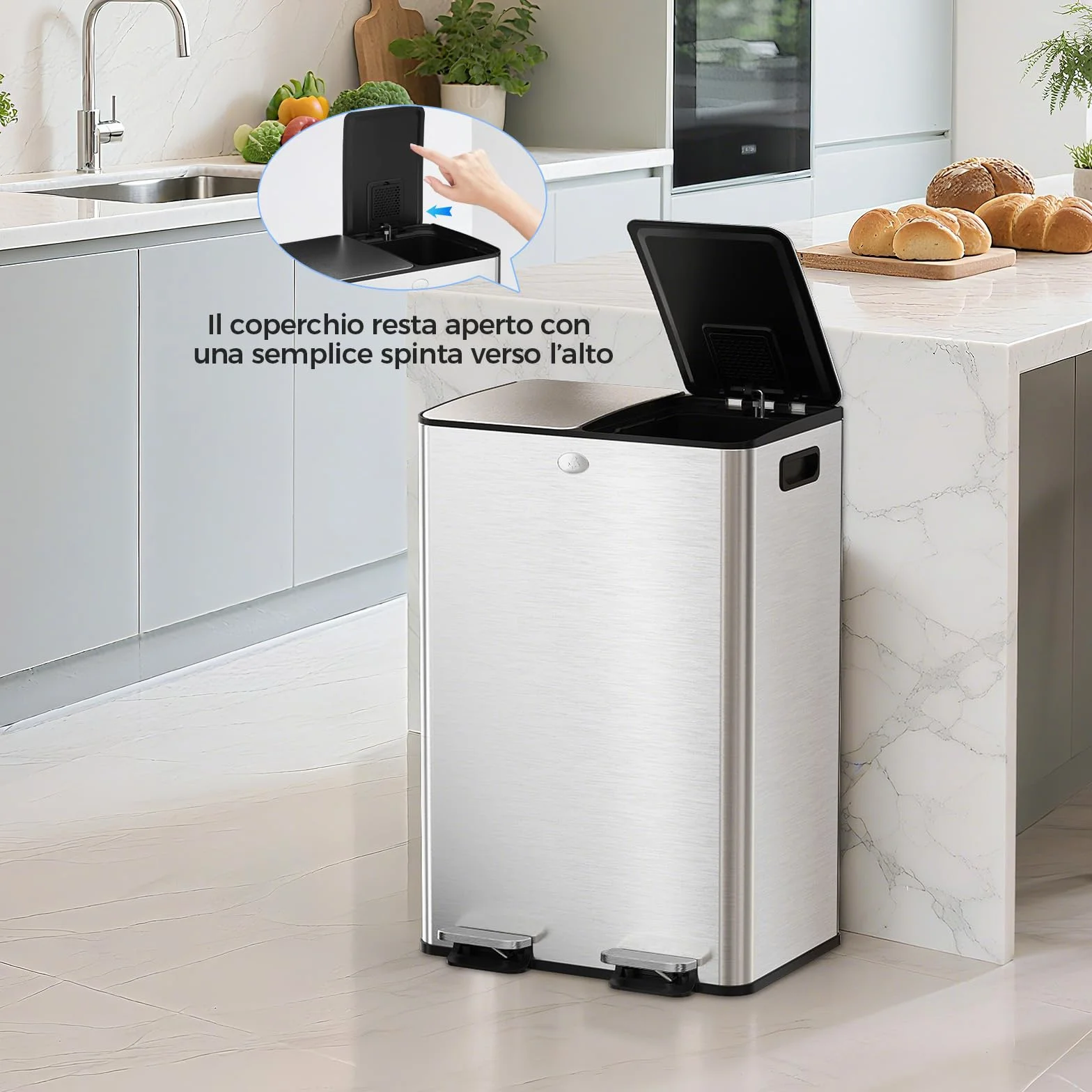 YASHE Pattumiera a Doppio Scomparto con Coperchio, 2x30L Pattumiera Differenziata per Cucina, Pedale con 20 Sacchetti, Secchi Interni Rimovibili, Soft-Close e 2 Filtri al Carbone