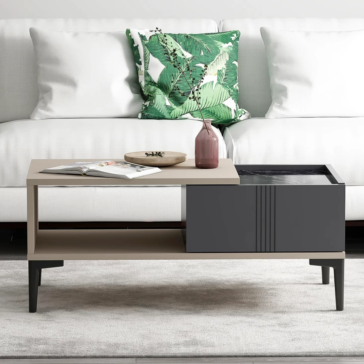 Homidea Modena - Tavolino da salotto con vano portaoggetti da 90 cm, moderno design scandinavo con spazio di archiviazione, tavolino rettangolare per salotto (beige