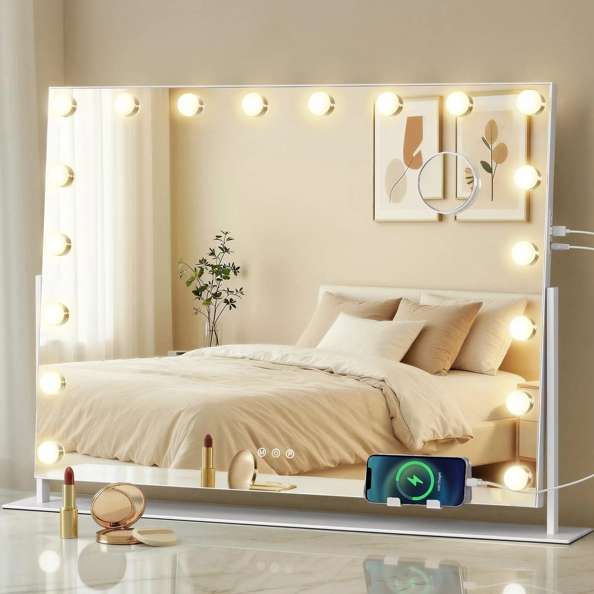 SONGMICS Specchio Trucco Luci 18 LED Dimmerabili 3 Temperature Colore 80x60 cm Bianco Opaco