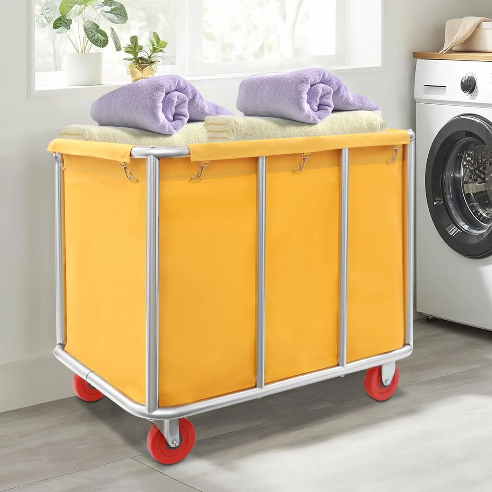 Carrello per la biancheria, 90 x 65 x 80 cm, in acciaio inox, con ruote, portata fino a 200 kg, per hotel, ospedali, lavanderia (giallo)