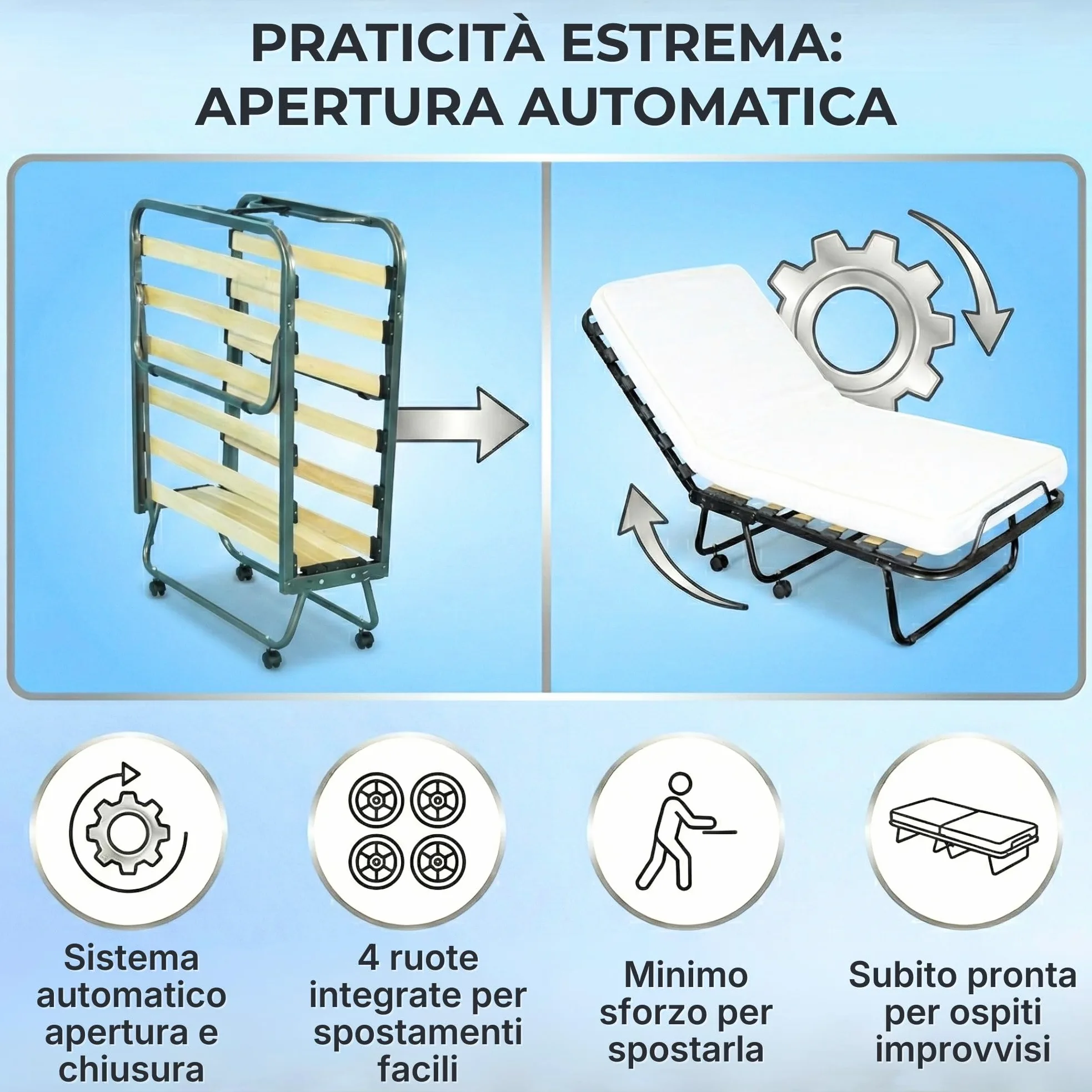 SEDIAOFFICE - Brandina Pieghevole con Materasso e Apertura Automatica Made in Italy, Letto Singolo a Scomparsa (80x200) Letto Pieghevole Singolo con Materasso Alto 10cm (Bianca, 15 Doghe)