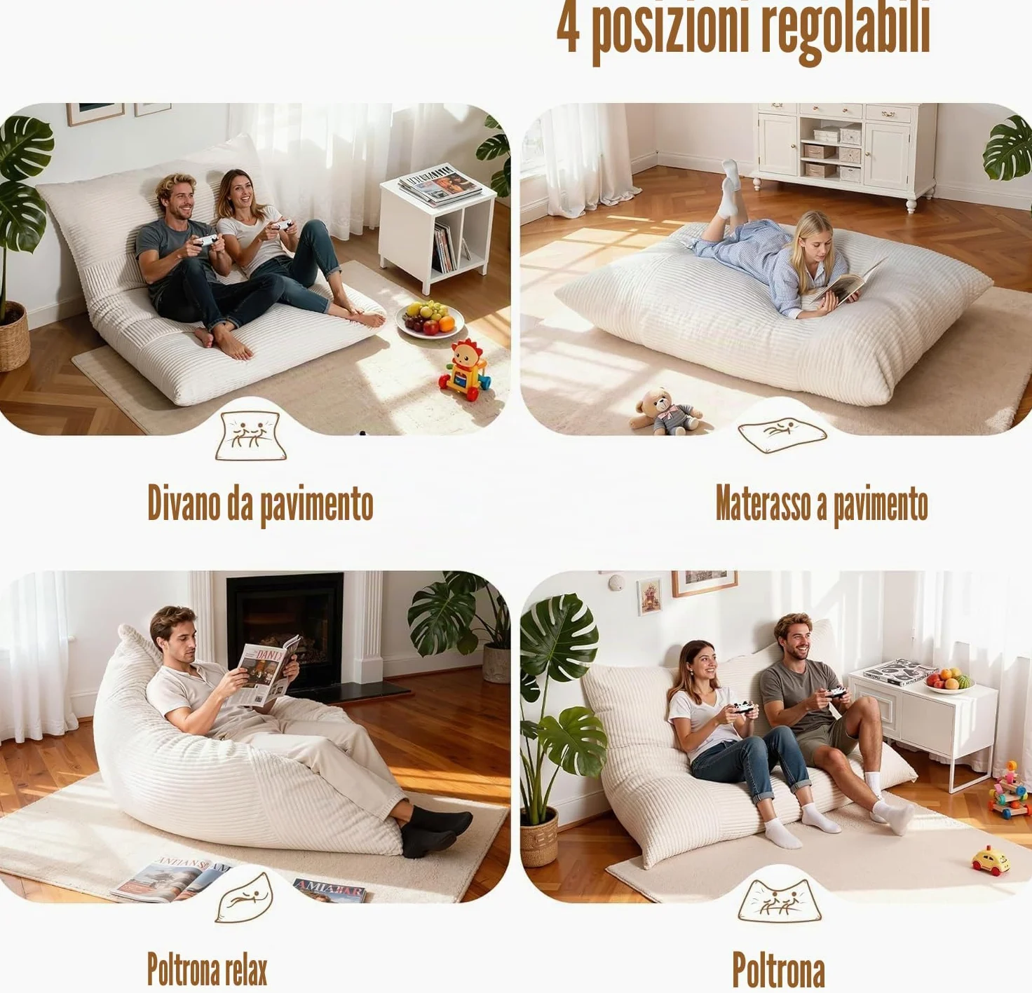 NALONE Pouf Poltrona Sacco, 4-in-1 XXXL Pouf a Sacco Puffo per Sedersi Ergonomico in Memory Foam 195 cm, Letto da Pavimento con Rivestimento Peluche Lavabile (Grigio)