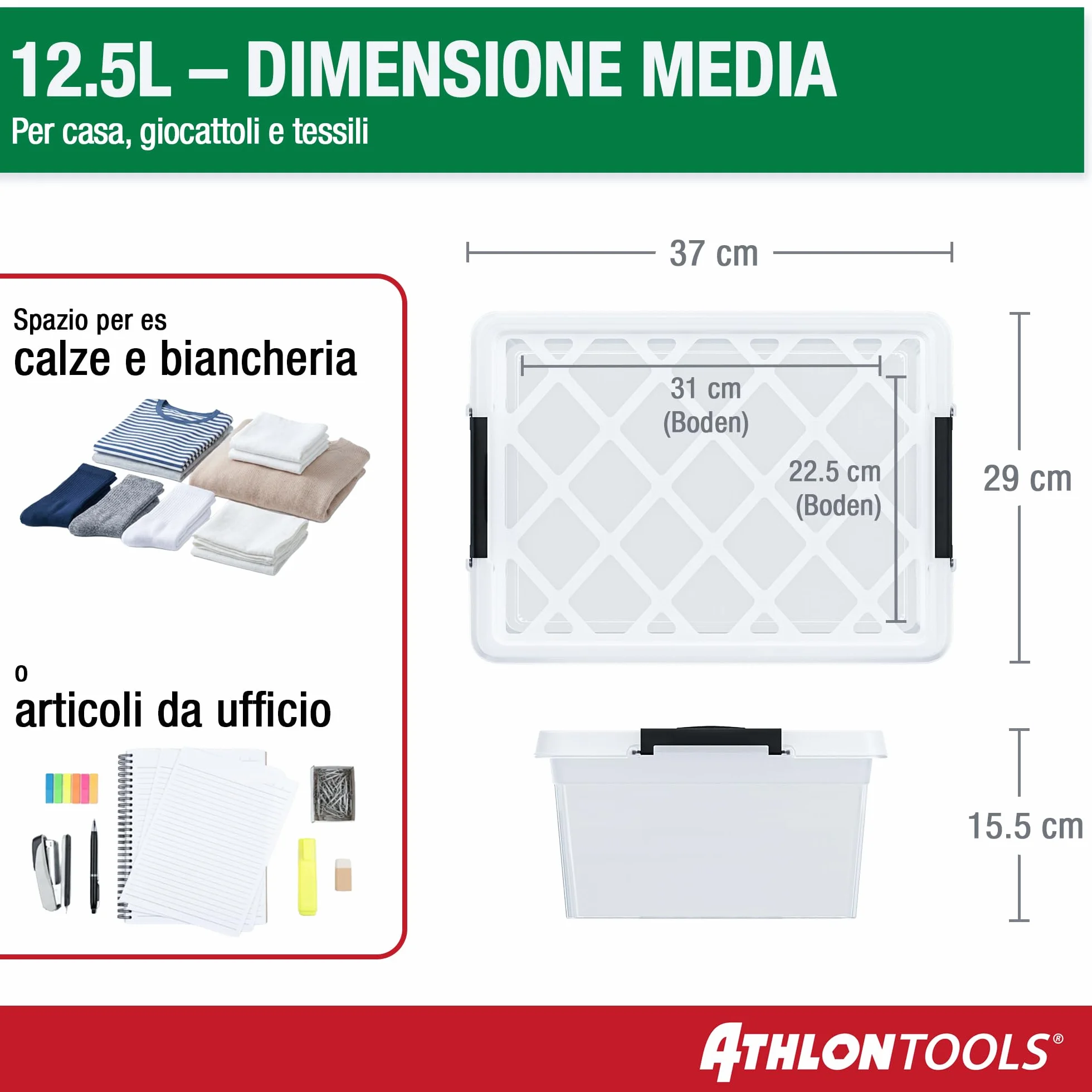 ATHLON TOOLS 4x 12,5L Scatole Plastica Trasparente con Coperchio Contenitori Impilabili per Alimenti