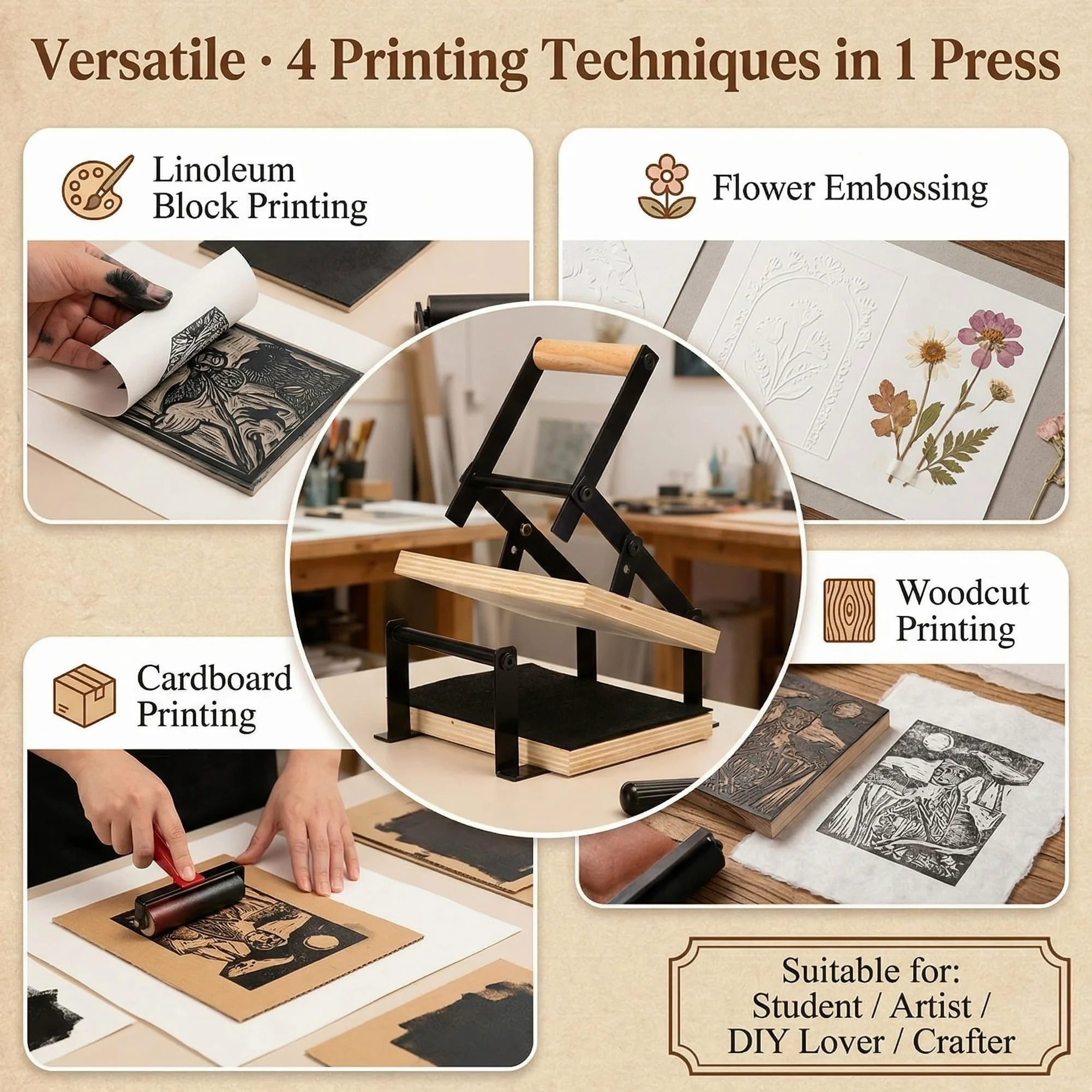Macchina da stampa a leva manuale Linocut con rulli e feltrini per tagli di linoleum, taglio stampa, blocchi di linoleum, kit di strumenti per la stampa a blocchi di legno, nero A5
