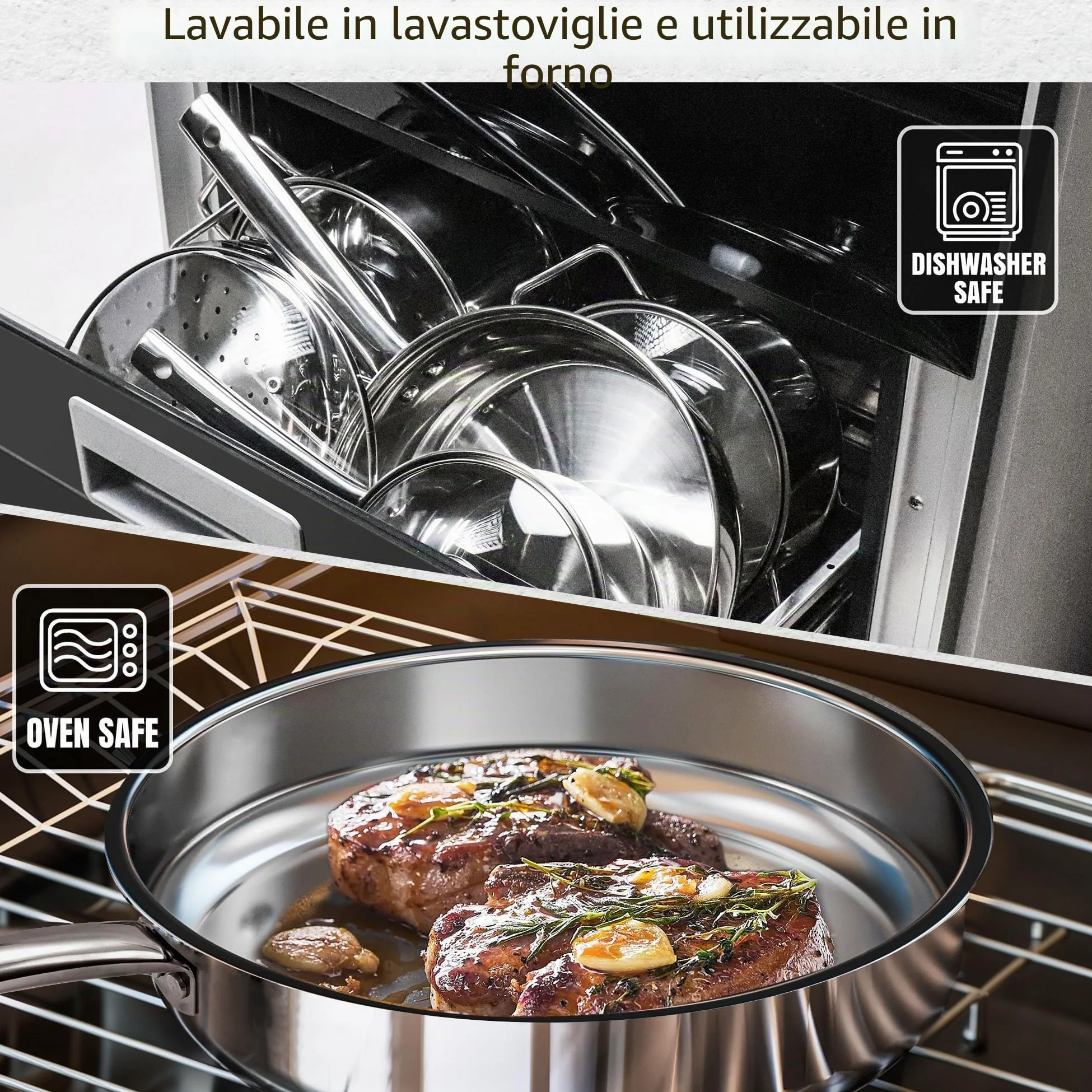 14 Pezzi Set di Pentole e Padelle in Acciaio Inossidabile, set di Pentole per Induzione, Pentole con Vapore e Coperchi in Vetro e Set di Utensili, Adatto a tutti i Fornelli