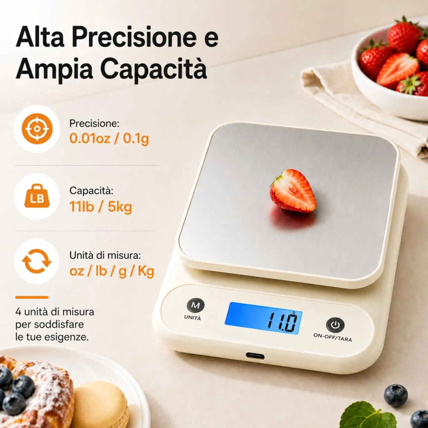 Meilen Bilancia da Cucina Digitale 11 LB/0.1 OZ, Bilancia di Precisione 5 KG / 0.1 G per cucinare e cuocere al forno, Batteria al litio integrata da 300 mAh, Ricarica di tipo C, Bianca