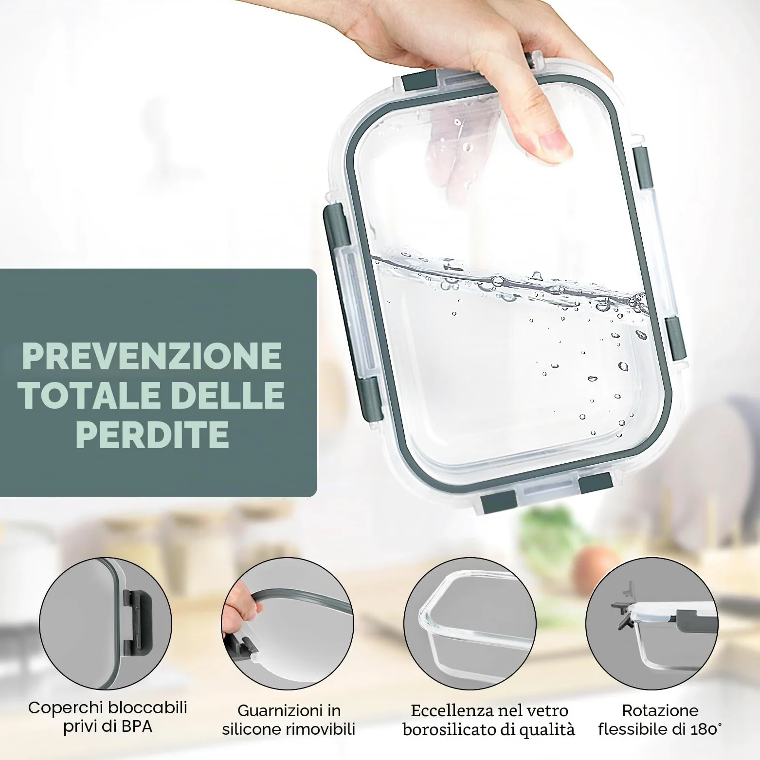 VERONES 10 scatole di vetro per il pranzo, contenitore impilabile in vetro per alimenti con coperchio, senza BPA, adatto a microonde, forno, frigorifero e lavastoviglie, grigio