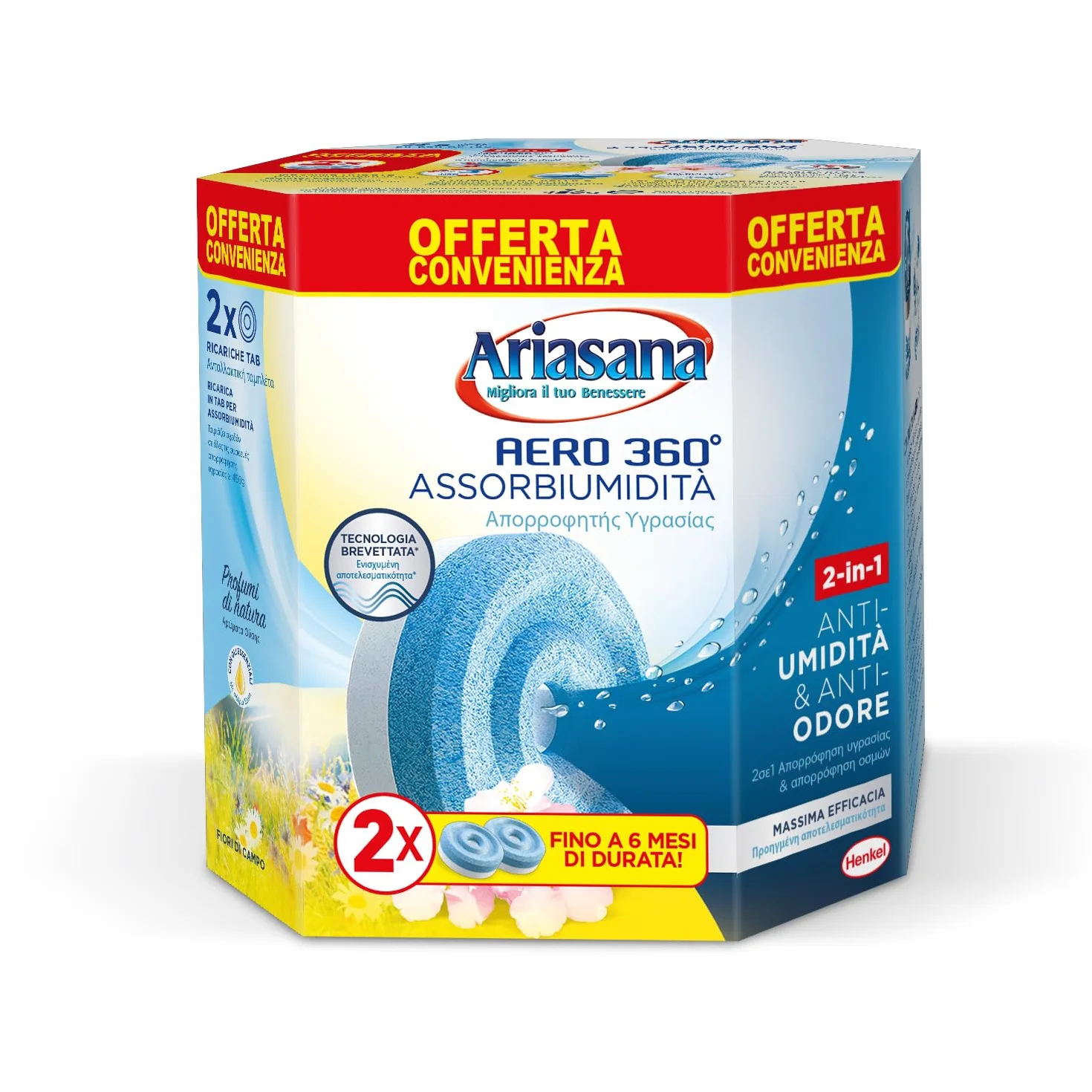 Ariasana Tab Fiori di Campo Bipack 2x450g, Ariasana Aero 360 Ricarica Antiumidità, Cattura umidità dal Profumo Floreale, Ricarica Aero 360 Tab a Lunga Durata, 1 Confezione da 2 Tab