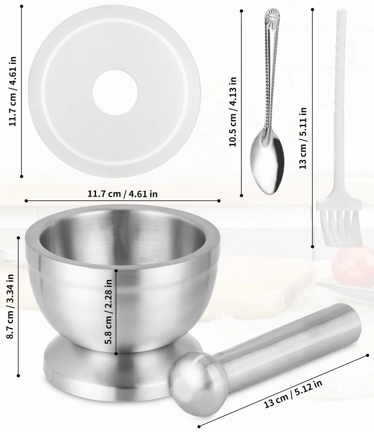 Set di Mortaio con Pestello da 350 ml in Acciaio Inox con Spazzola, Cucchiaio e Coperchio in Silicone, Macinino per Spezie di Qualità Superiore, Frantumatore e Ciotola per la Vaniglia