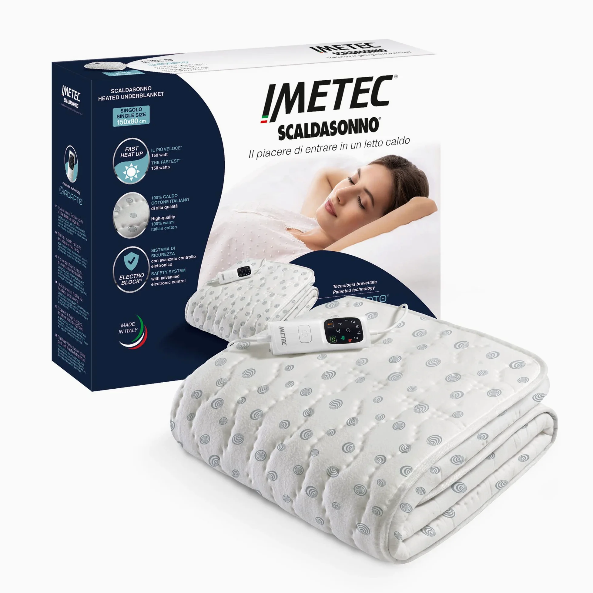 Imetec Scaldasonno Adapto Matrimoniale 150 x 160 cm, Riscaldamento rapido, Temperatura costante e personalizzata & Scaldasonno Adapto Singolo 150 x 80 Cm, Tecnologia Brevettata, Riscaldamento Rapido