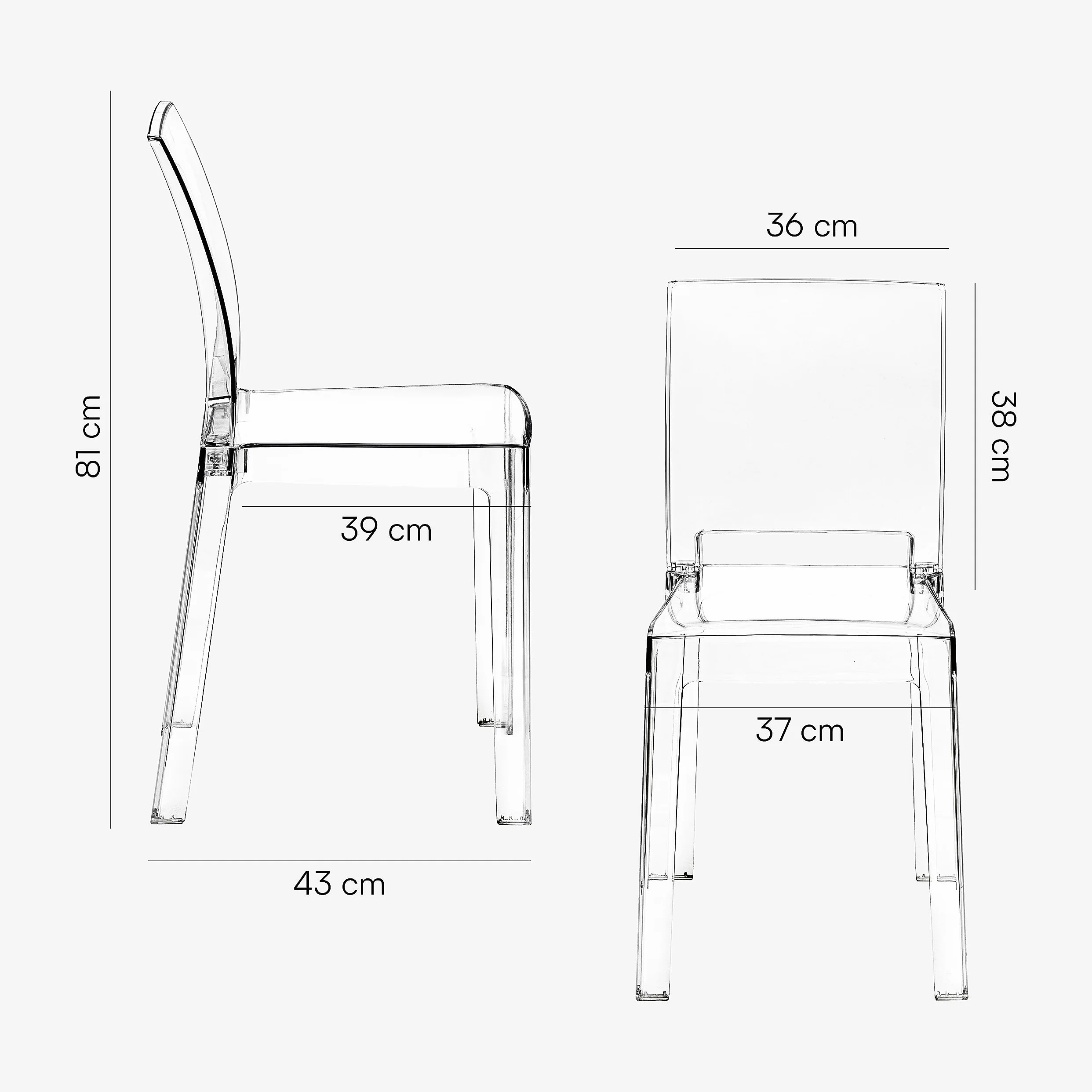 Baroni Home Set di 4 Sedie in Policarbonato Trasparente Resistente, Smontabile in 2 Pezzi, Seduta Ergonomica con Schienale Incurvato, 36x81x43 cm