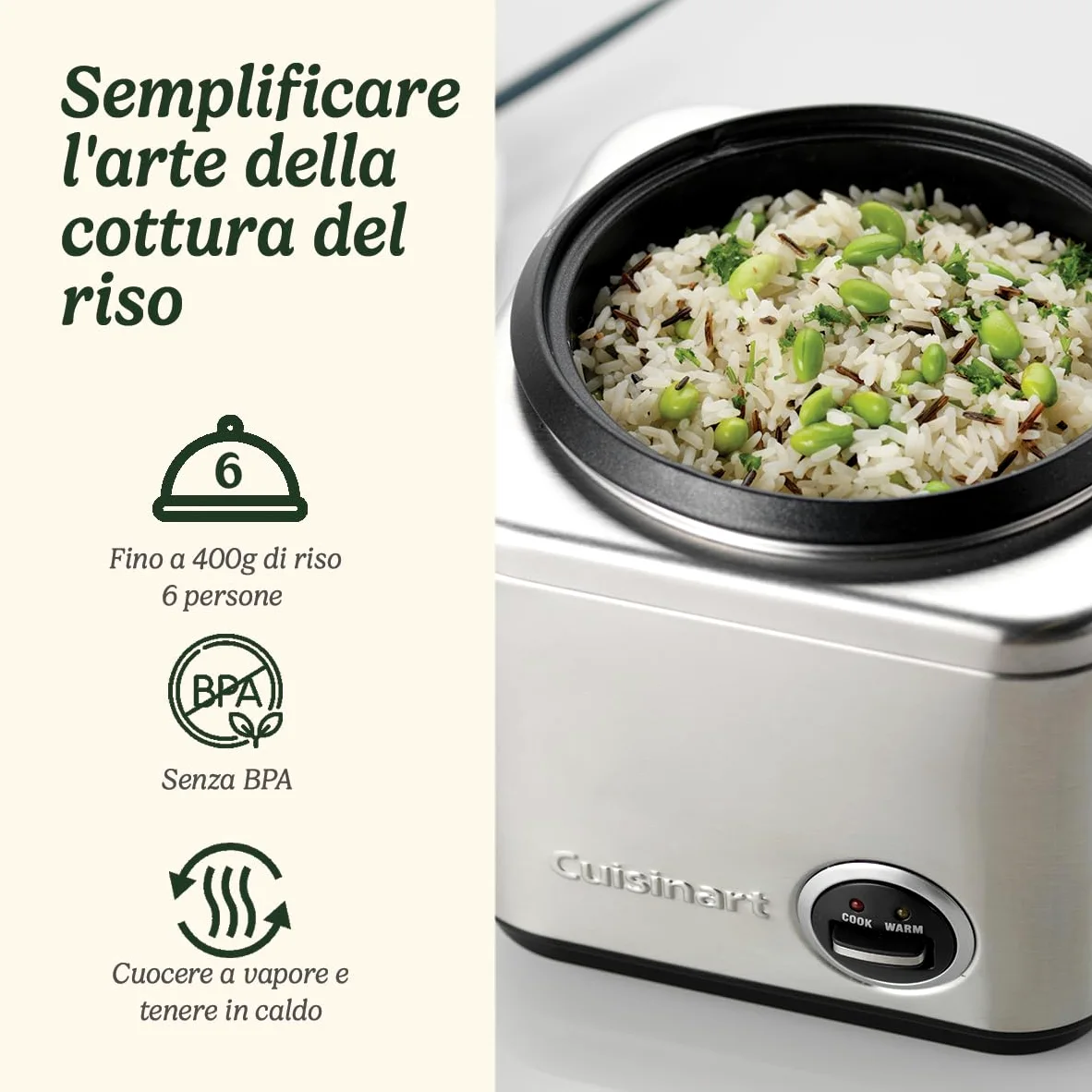 Cuisinart Cuociriso Multifunzone | Cuoce a vapore e mantiene al caldo | Cavo retrattile | Recipiente Antiaderente e Cestino in Acciaio Inox senza BPA | Fino a 400g di riso, 6 Porzioni