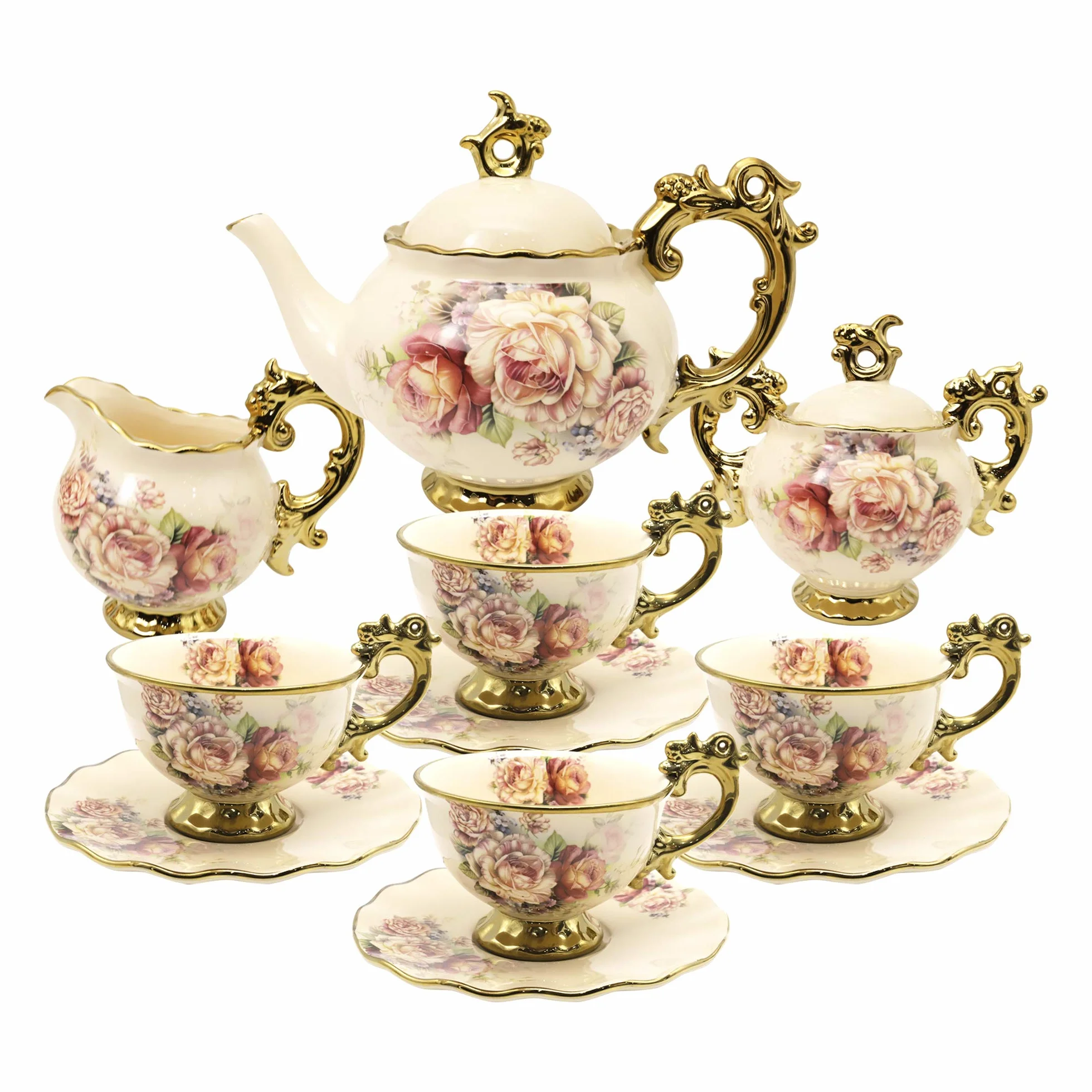 fanquare 15 Pezzi Servizio da Tè in Porcellana Inglesi, Vintage Set Tazzine da Caffè Cinese con Fiori di Rosa, Servizio di Caffè per Matrimoni