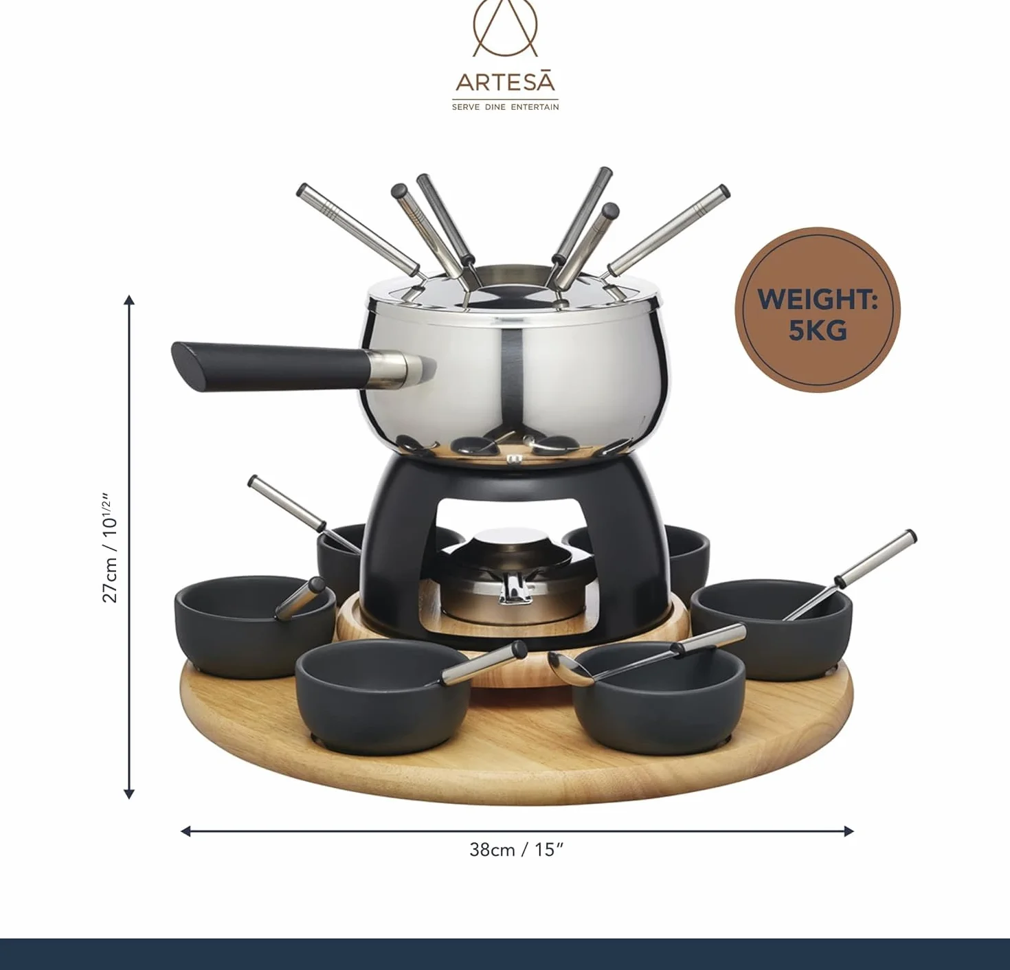Artesà Zestaw do Fondue z Lazy Susan, 22-częściowy, Stal Nierdzewna, Czarny