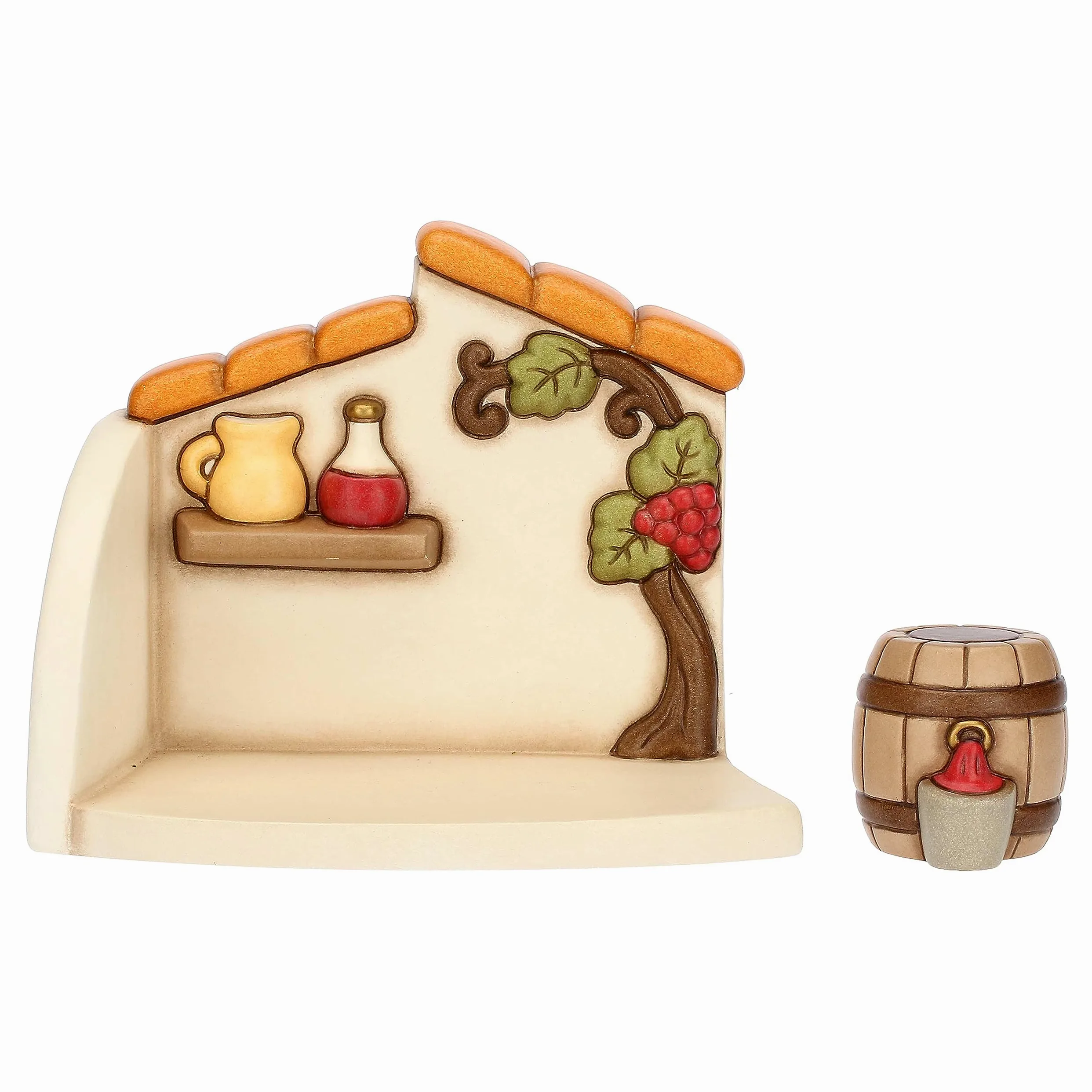 THUN - Bottega del Vino in Ceramica Decorata a Mano, Linea Presepe Classico, Decorazioni Natale Casa, Bottega 16x10x13 cm h; Botte 4.3x4.3x4.5 cm h